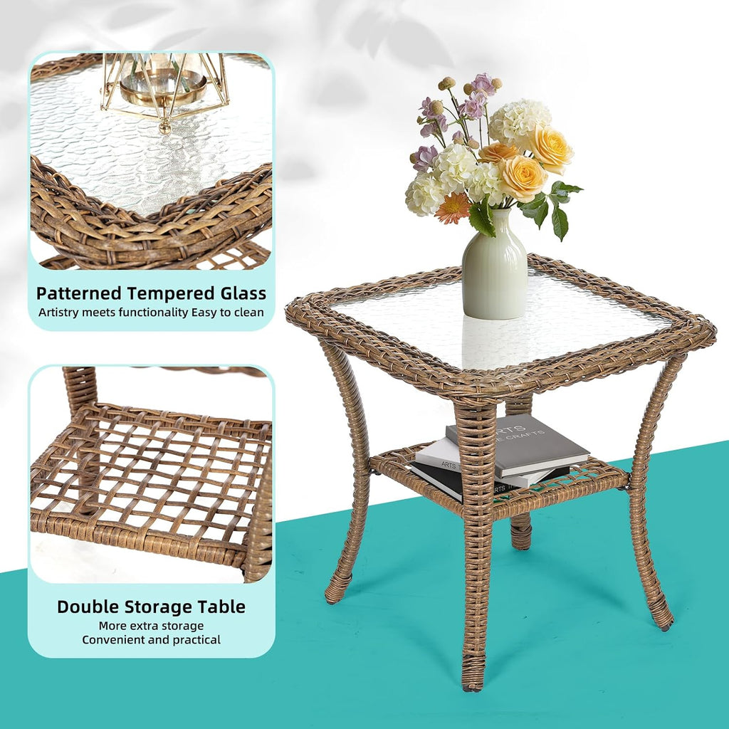 MEETWARM 3 Pieces Outdoor Wicker Rocking Chair Set, Rattan Patio Rocker Chairs Set with Cushions and Glass-Top Coffee Table, Conversation Bistro Set for Porch & Backyard - Beige