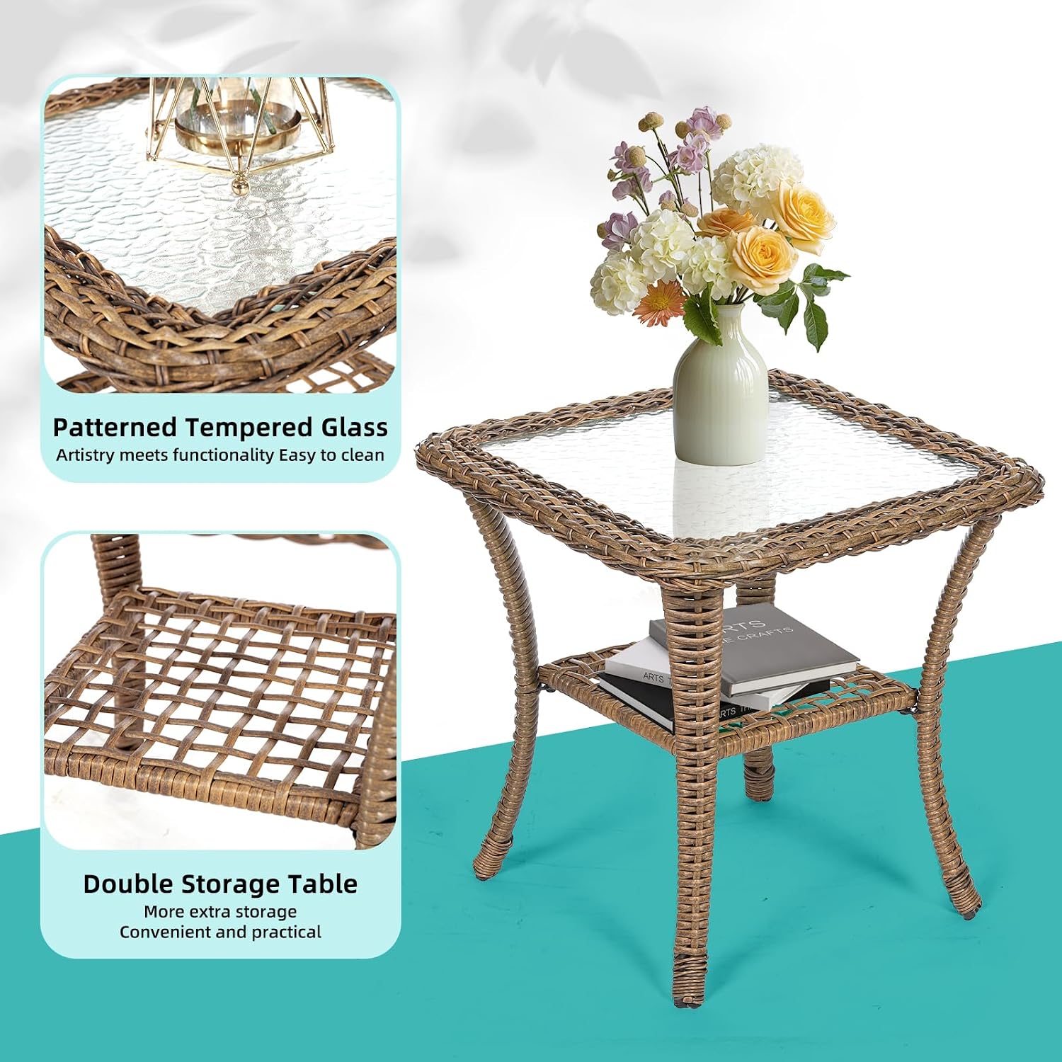 MEETWARM 3 Pieces Outdoor Wicker Rocking Chair Set, Rattan Patio Rocker Chairs Set with Cushions and Glass-Top Coffee Table, Conversation Bistro Set for Porch & Backyard - Navy Blue