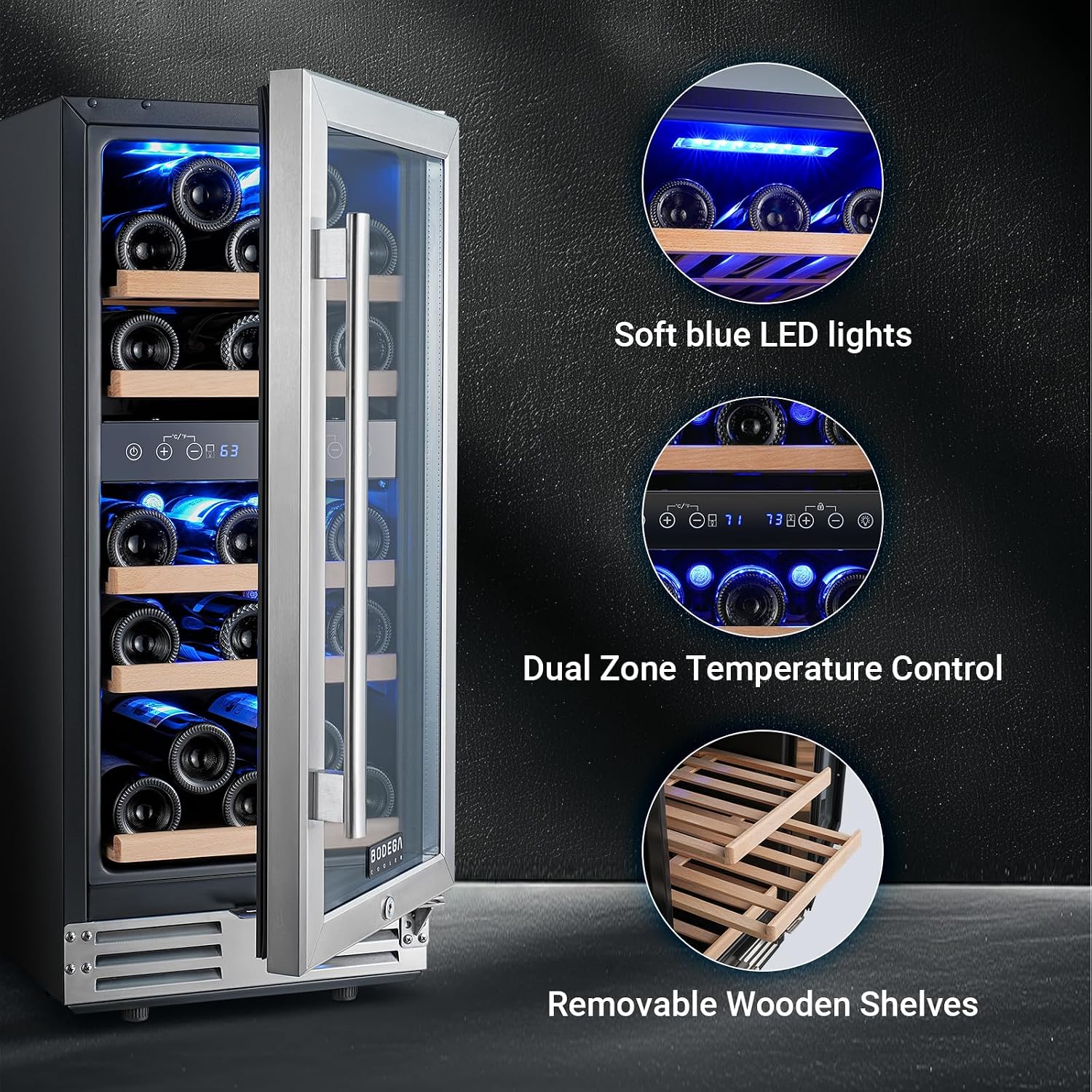 BODEGA 15 Inch Dual Zone Wine Fridge, 30 Bottle, Black 15' Wine Cooler Under Counter For Home and Kitchen, With Double-Layer Glass Door, Wine Refrigerators Free standing with Temperature Control.
