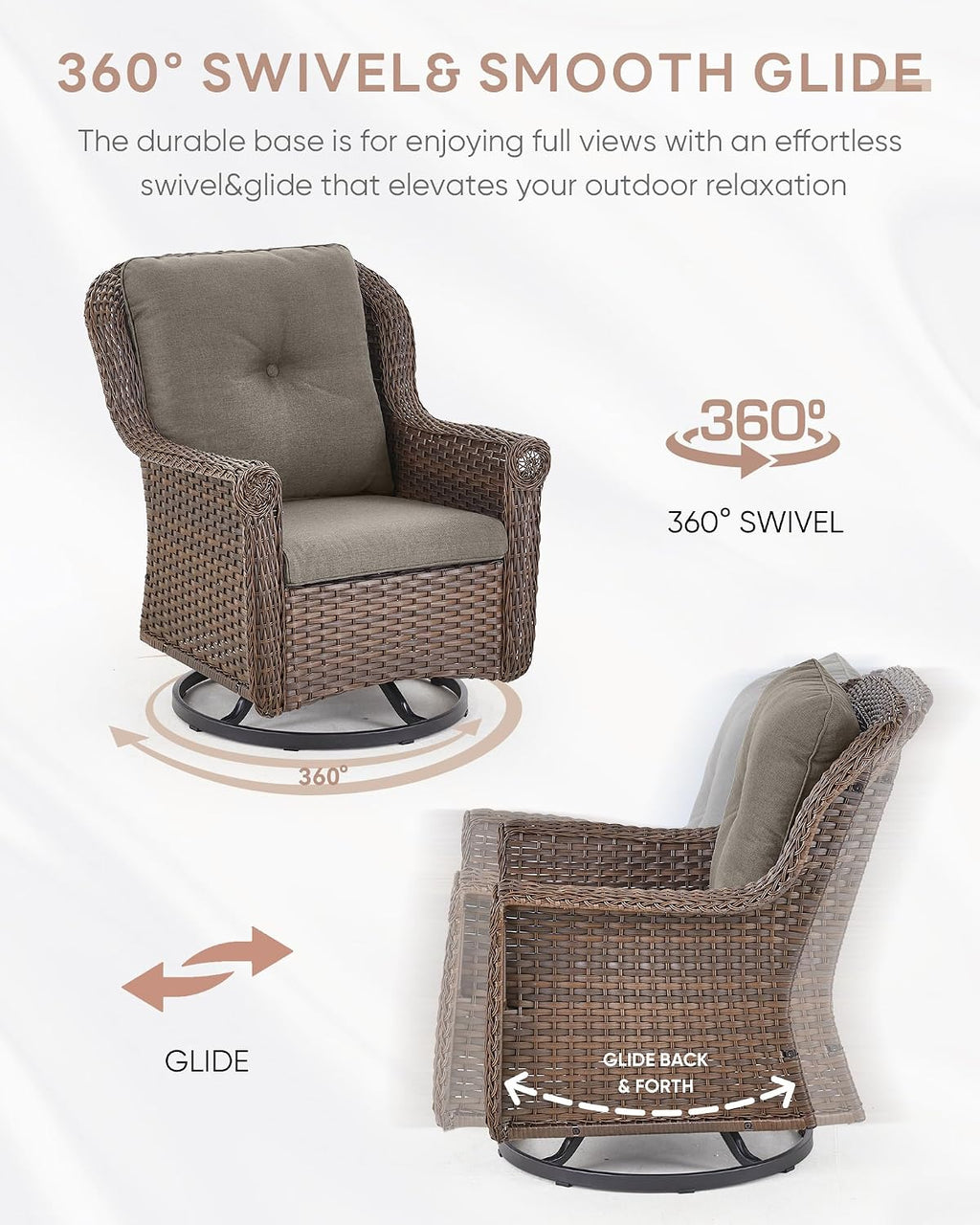 Outdoor Patio Swivel Gliders with Fire Pit Table 5 Piece Set - High Back Brown Wicker Rattan Rocking Chair with Thick Cushion for Porch Apartment Deck Yard Poolside Garden - Grey