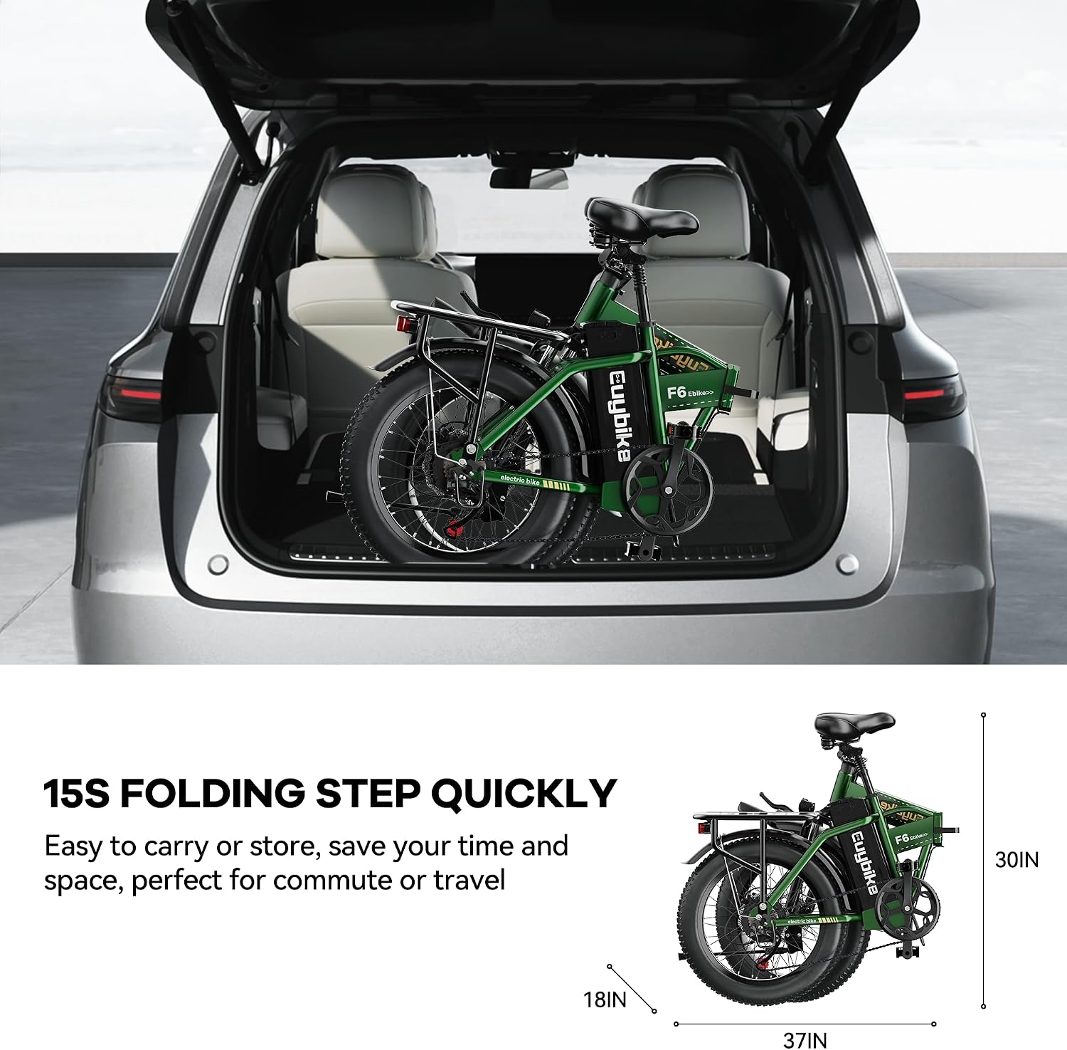 Foldable Electric Bike for Adults, 30+MPH, 48V 20Ah Removable Battery up to 80Miles, 20' Fat Tire 1000W Dirt Ebike Adult Electric Bicycle for Commute Mountain Square Tube E Bike Green with Rear Basket
