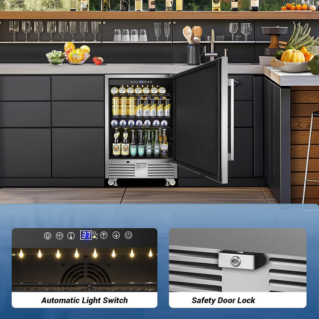 Outdoor Beverage Refrigerator 24 Inch Wide, Stainless Steel Beverage Fridge 180 Cans for Undercounter Built-in or Freestanding, for Home and Patio, Water Proof, Fast Cooling, Low Noise, 37-65 °F
