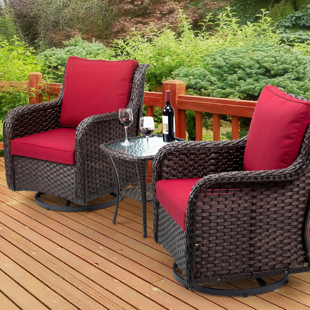 GarveeLife 3 Pieces Outdoor Swivel Chair Set, Upgraded Encrypted Rattan Wicker Swivel Rocker Patio Chairs, Thick Cushion and Side Table for Balcony, Porch, Backyard, Garden, Red