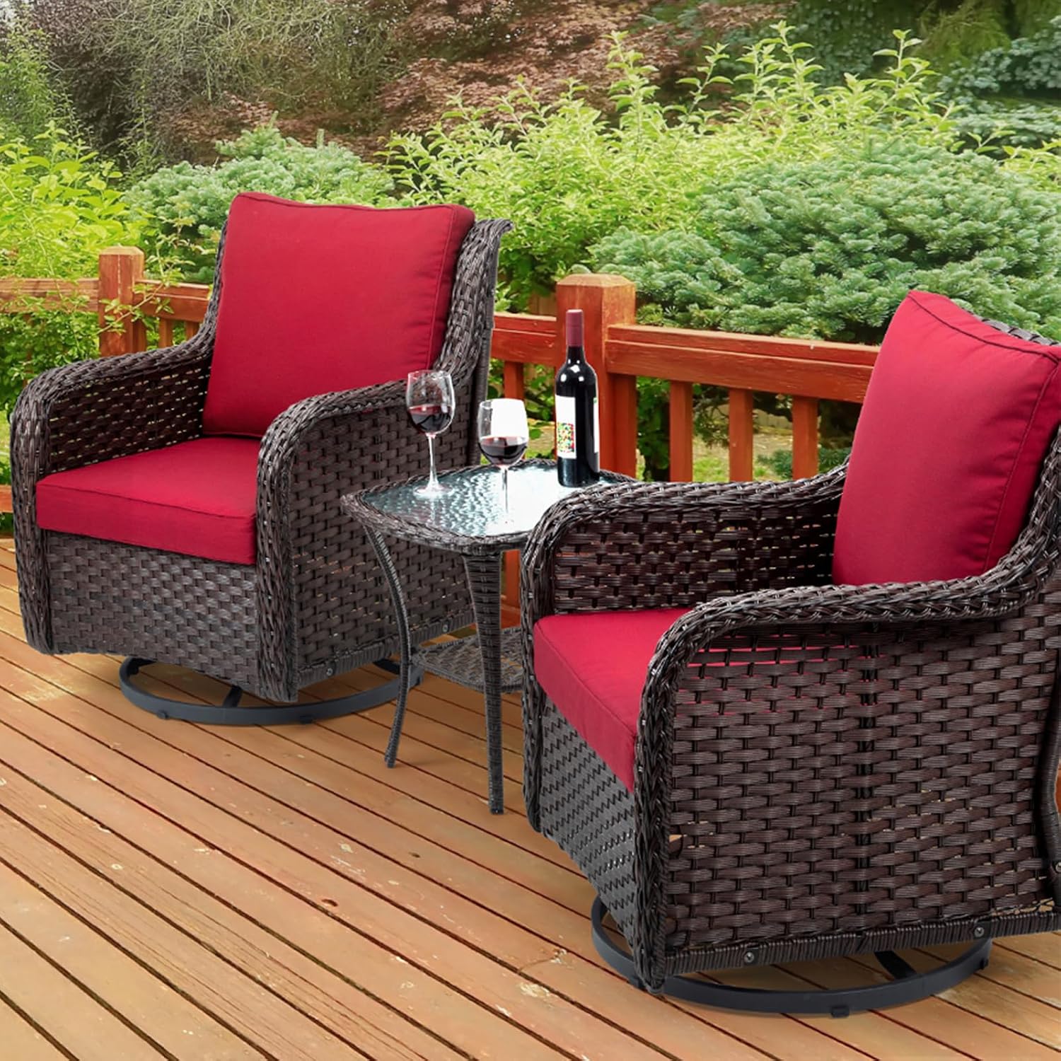 GarveeLife 3 Pieces Outdoor Swivel Chair Set, Upgraded Encrypted Rattan Wicker Swivel Rocker Patio Chairs, Thick Cushion and Side Table for Balcony, Porch, Backyard, Garden, Red