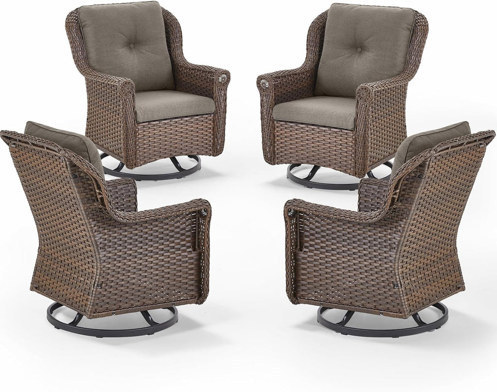 Patio Chairs Outdoor Swivel Glider - Set of 4 High Back Outside Brown Wicker Rattan Rocking Chair with Thick Cushion for Porch Apartment Deck Yard Poolside Garden - Grey