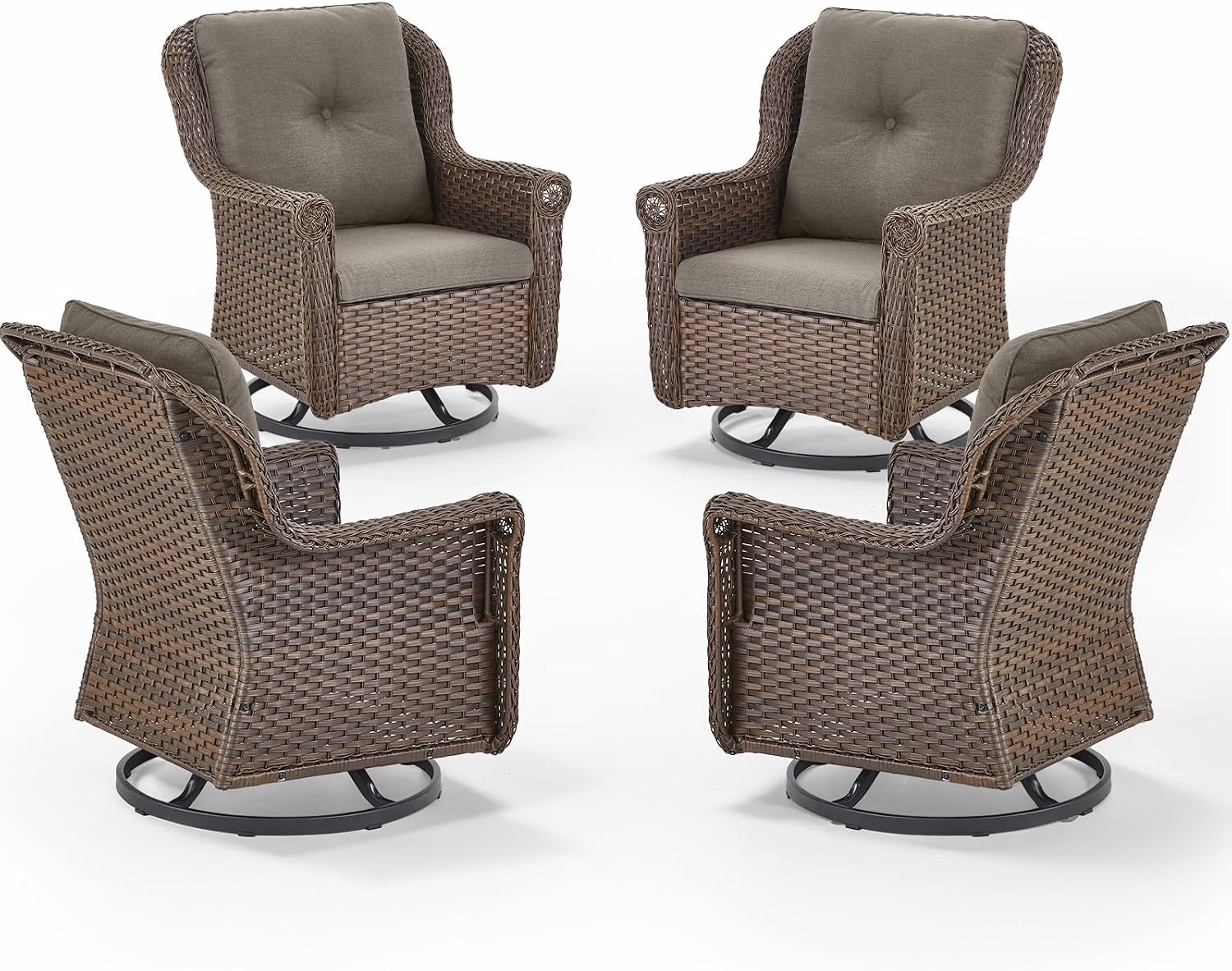 Patio Chairs Outdoor Swivel Glider - Set of 4 High Back Outside Brown Wicker Rattan Rocking Chair with Thick Cushion for Porch Apartment Deck Yard Poolside Garden - Grey