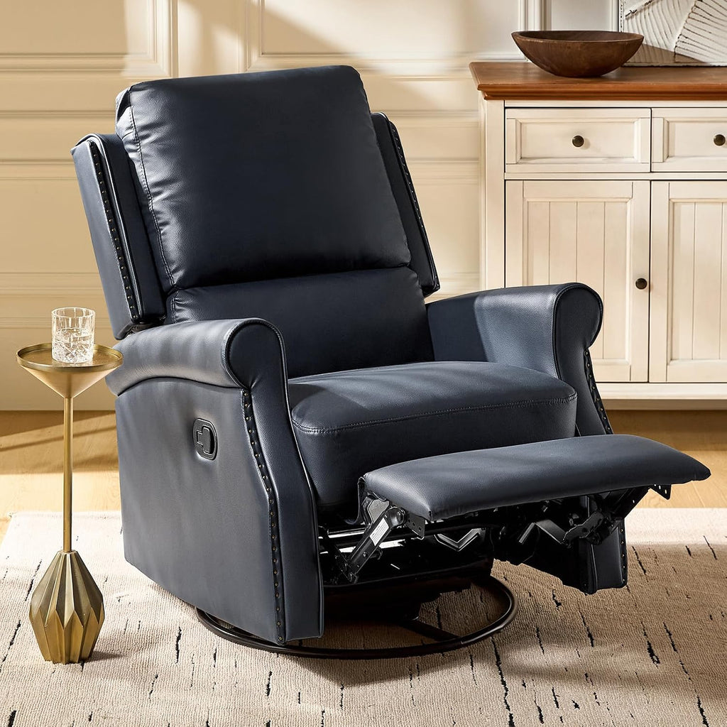 HULALA HOME Faux Leather Swivel Rocker Recliner with Adjustable Backrest and Footrest, Push Back Recliner Chair with Nailhead Trim, 360° Swivel Glider Rocking Chair for Living Room Bedroom, Navy