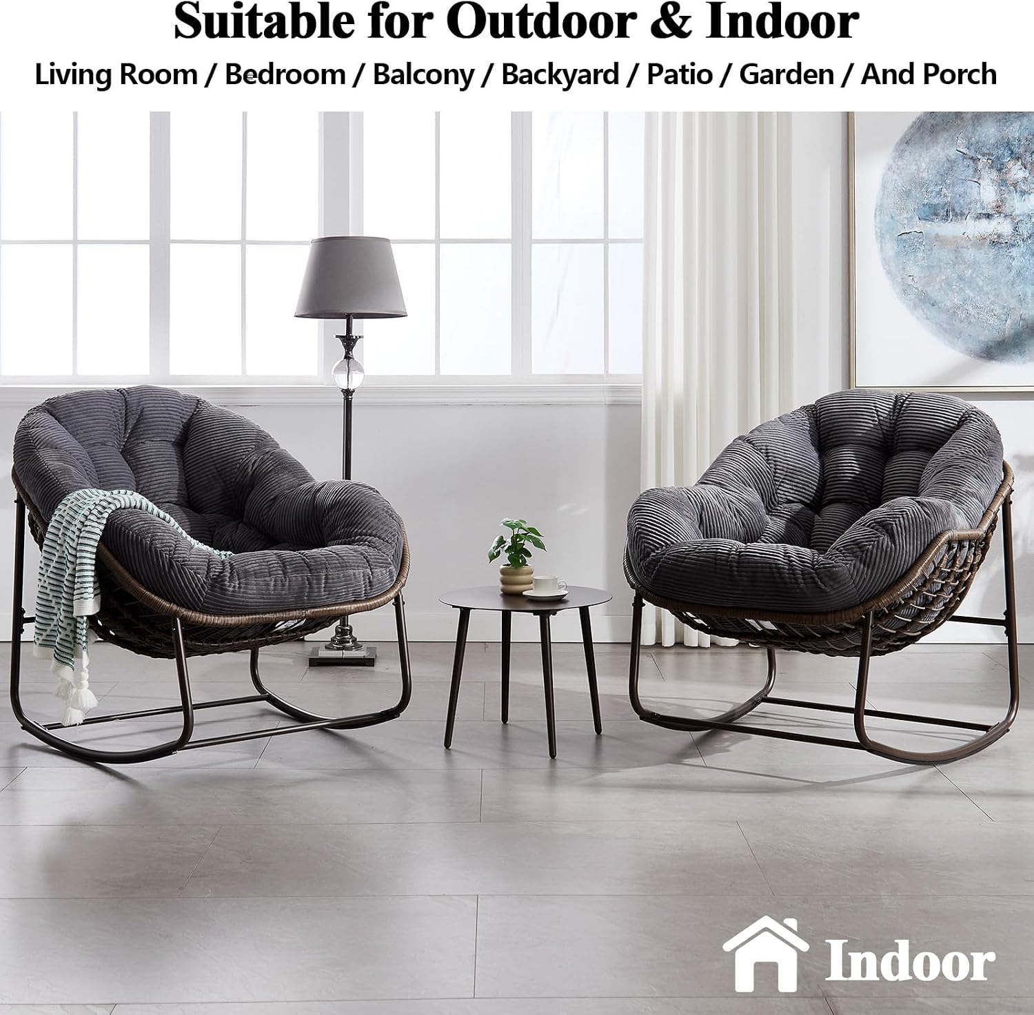37' Papasan Rocking Chair with Cushion and Steel Frame, Oversized Outdoor Egg Rocking Chair, Rattan Circle Chairs for Grand Patio and Garden (Grey+Corduroy)