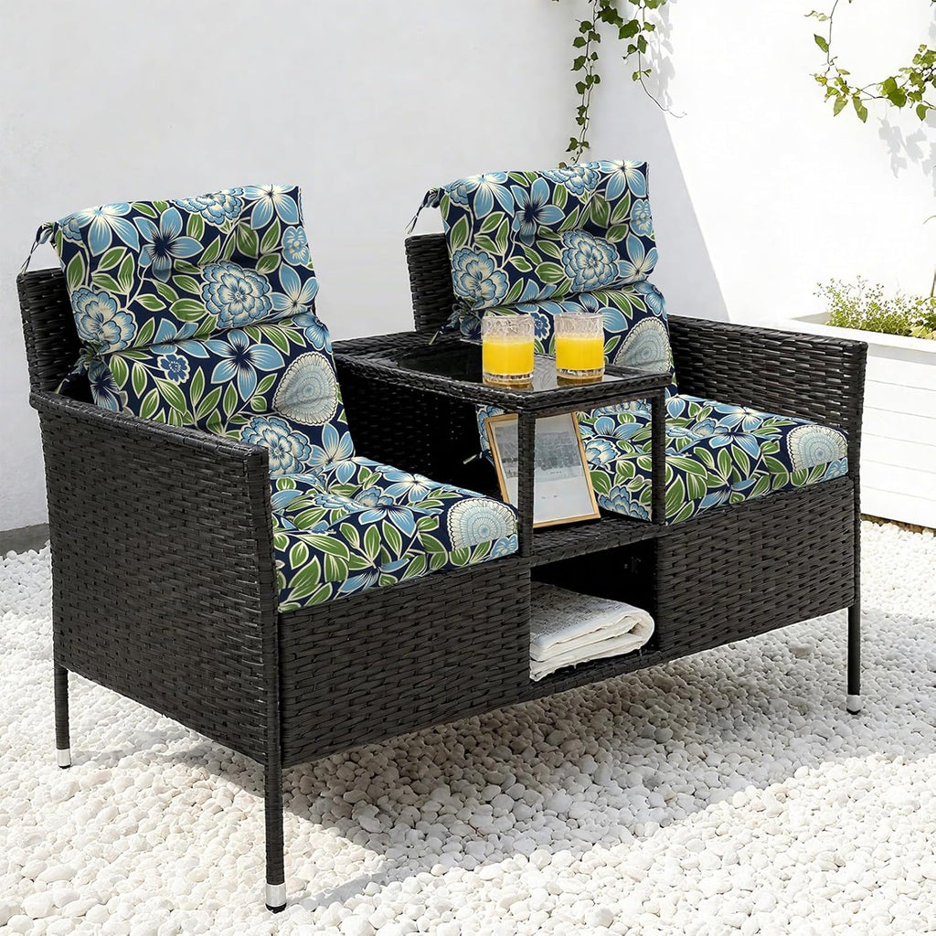 LVTXIII Outdoor Seat/Back Chair Cushion Patio Tufted High Back Cushion, Seasonal Replacement Rocking Chair Cushion with Ties, 22' W x 20D, Set of 2, Azure Botanical Symphony‌