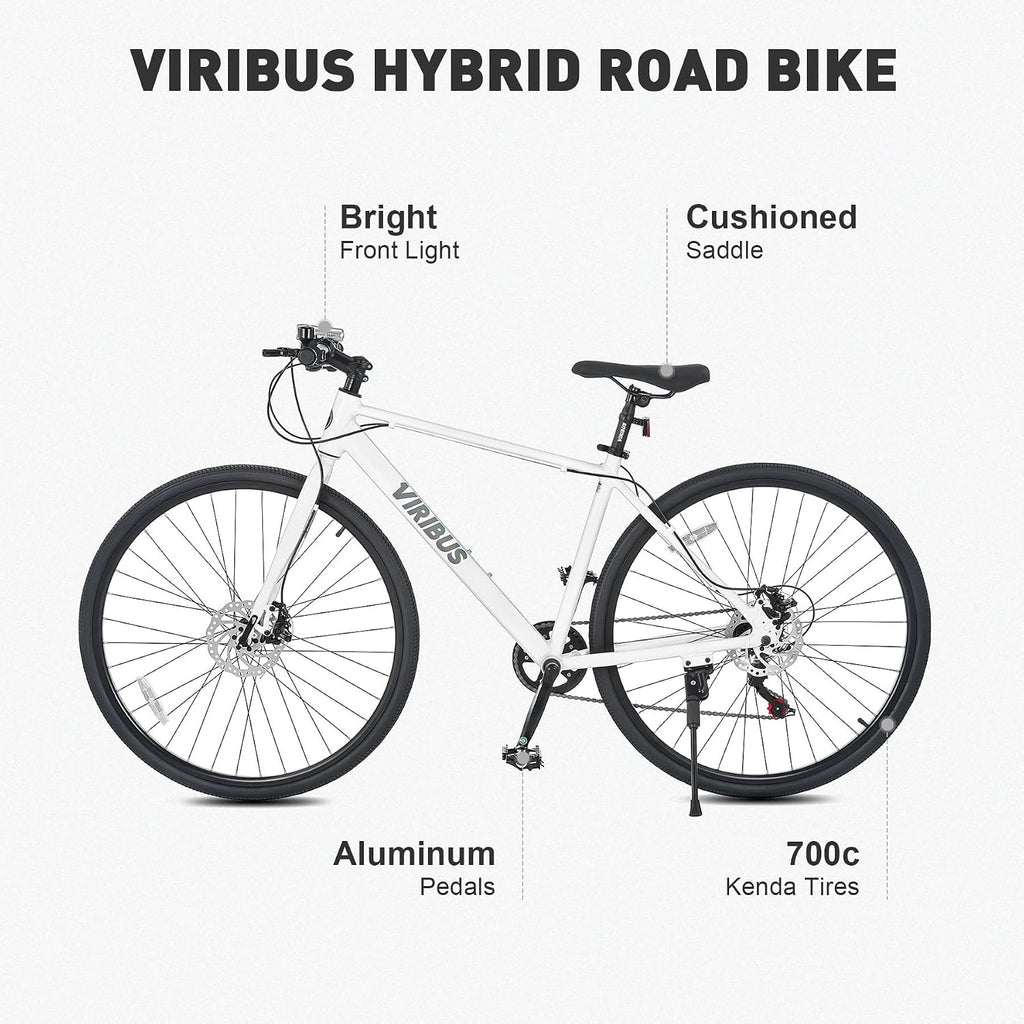 VIRIBUS Hybrid Bikes, 28 inch Mens Bike with Lightweight Aluminum Frame, 700C Bikes for Tall Men, 7 Speed Vintage Retro Hybrid Bicycles for City Commuters, Adult Road Bike Male for Fitness, White