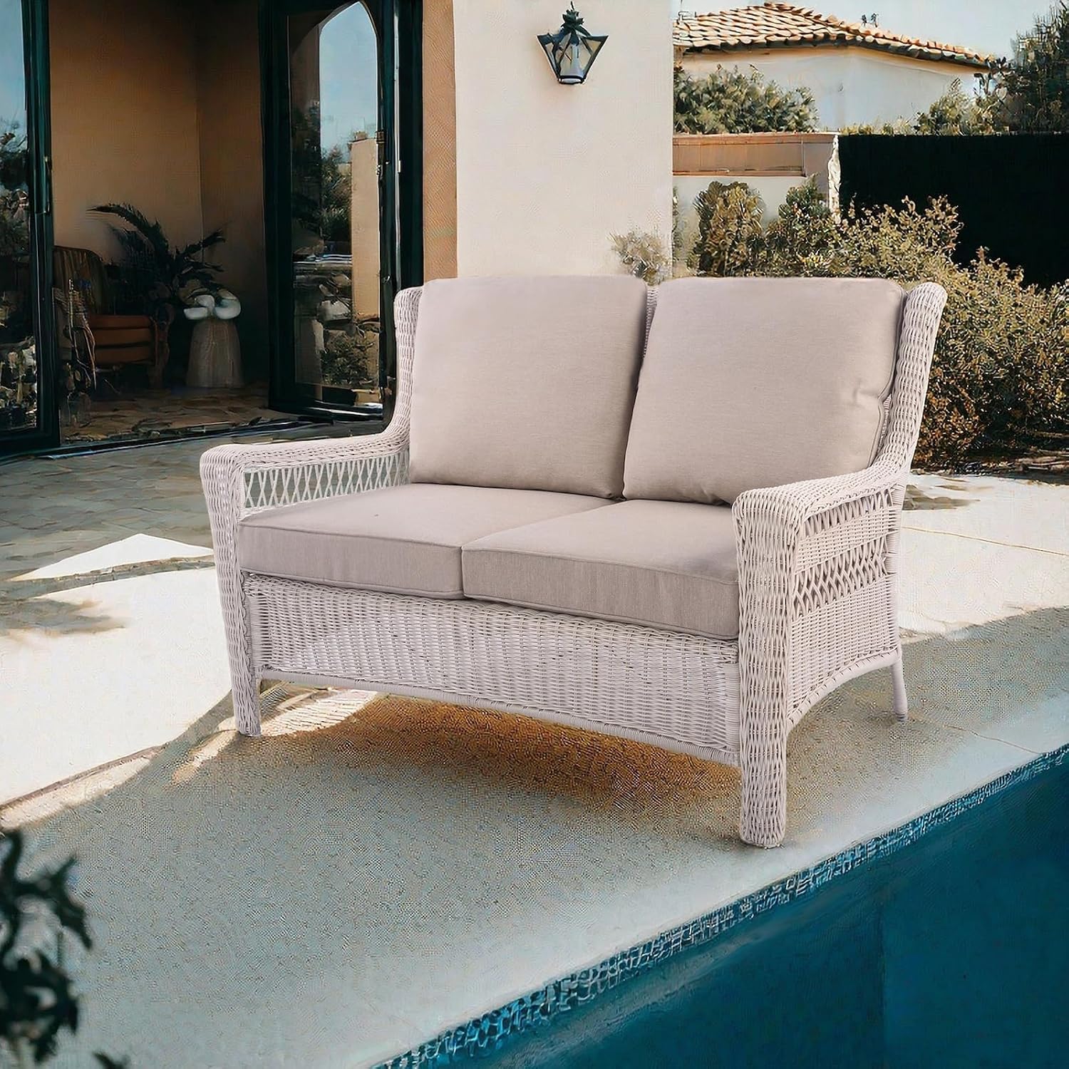Park Meadow Outdoor Wicker Loveseat Sofa with Waterproof Cushions, All-Weather HDPE Rattan Patio Sofa, Taupe Beige | Breathable Cover, High Density Cushion, Durable HDPE Wicker