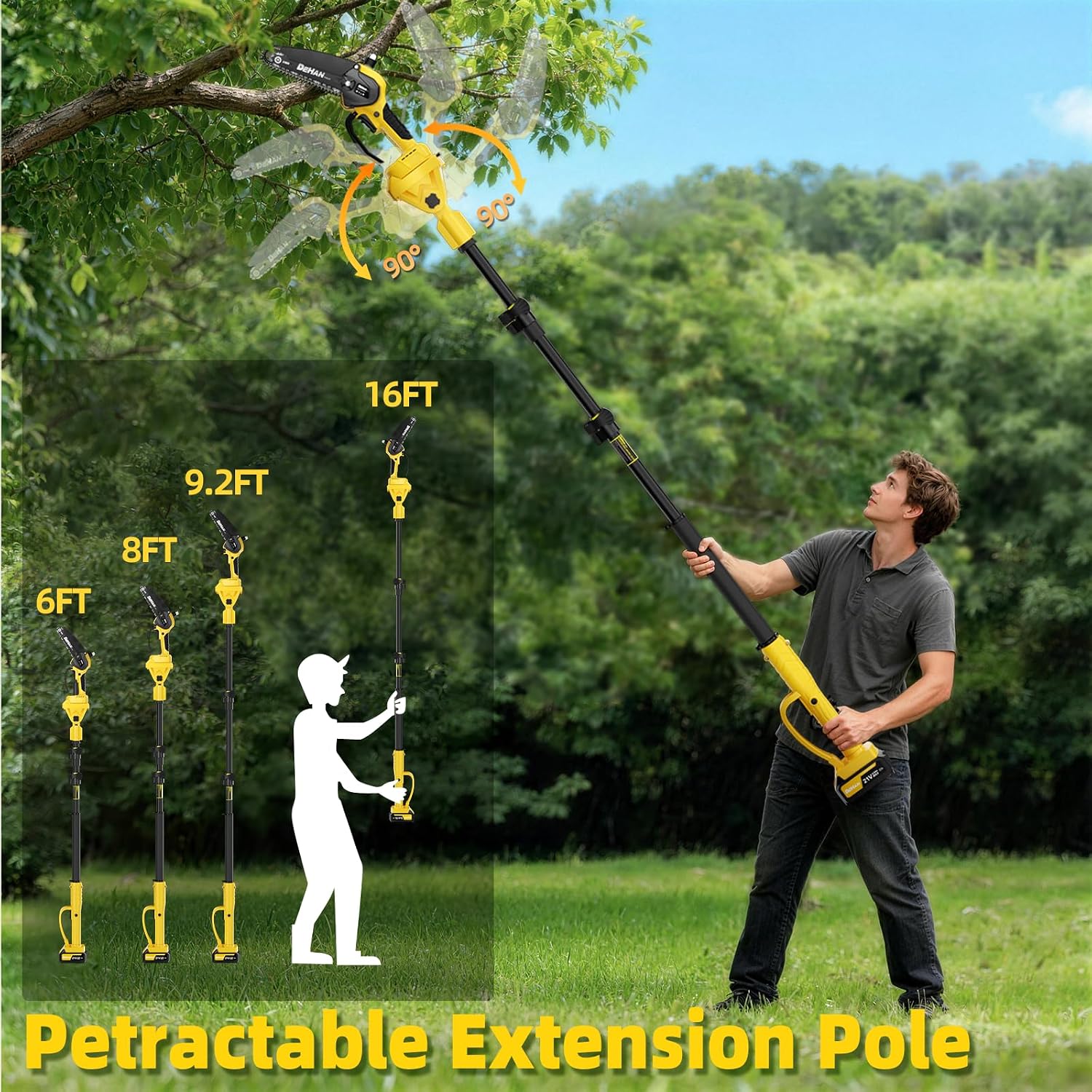 4-in-1 Electric Pole Saw for Tree Trimming, 6 Inch and 8 Inch Cordless Chainsaw with 2×4.0 Ah Batteries, Mini Chainsaw Cordless with Extension Pole, Battery Powered Pole Chain Saw for Branch Cutter