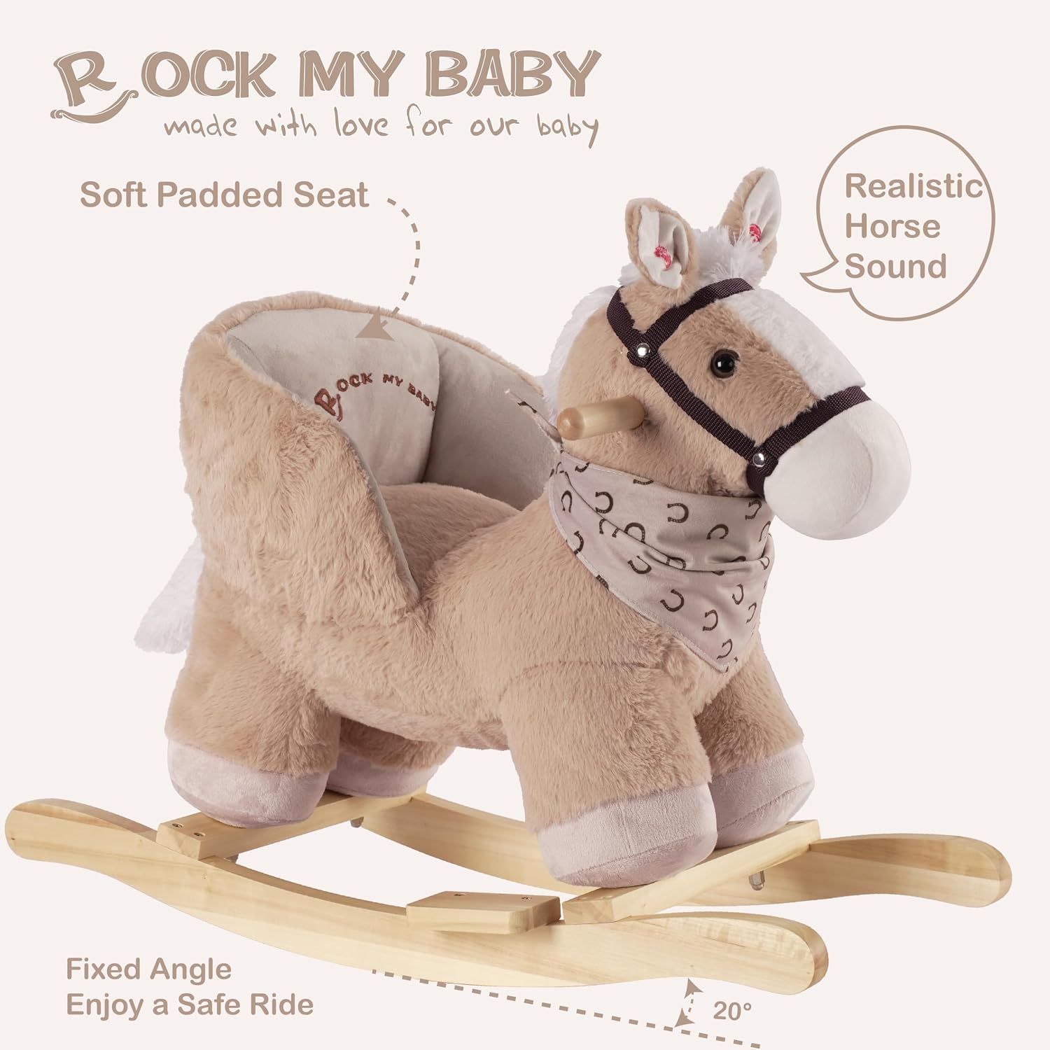 Rock My Baby Rocking Horse, Baby Animal Rocking Horse with Seat, Ride on Horse, Plush Rocking Horse with Realistic Sound, Wooden Rocking Horses Ages 1-3 (Caramel Color Horse), CPC Certified