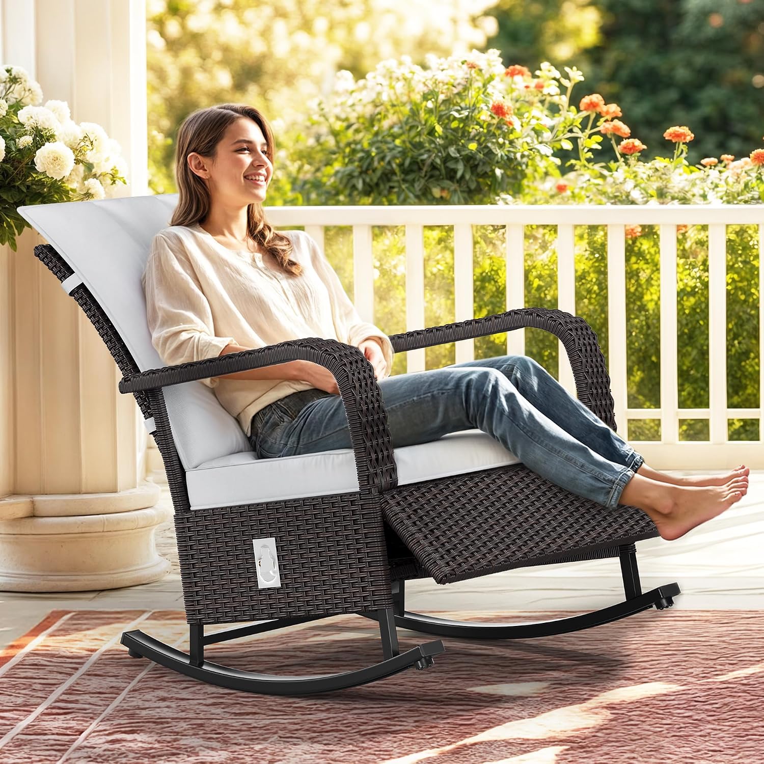 YITAHOME Outdoor Rocking Chair Set of 2, Wicker Lounge Chairs with Adjustment Backrest, PE Rattan Patio Recliner Chair with Adjustable Footrest and Soft Cushions, Ideal for Garden Backyard Porch Patio