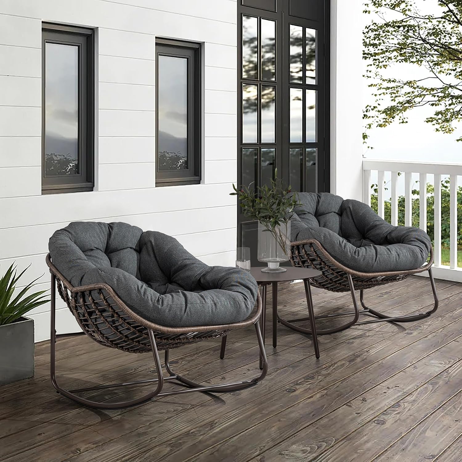 Deolme Large Papasan Rocking Chair Set of 2 with Cushion, Oversized Comfy Reading Chair Lounging Indoor Outdoor Rocker for Front Porch Backyard Bedroom Living Room Egg Chair Rattan (Dark Grey)