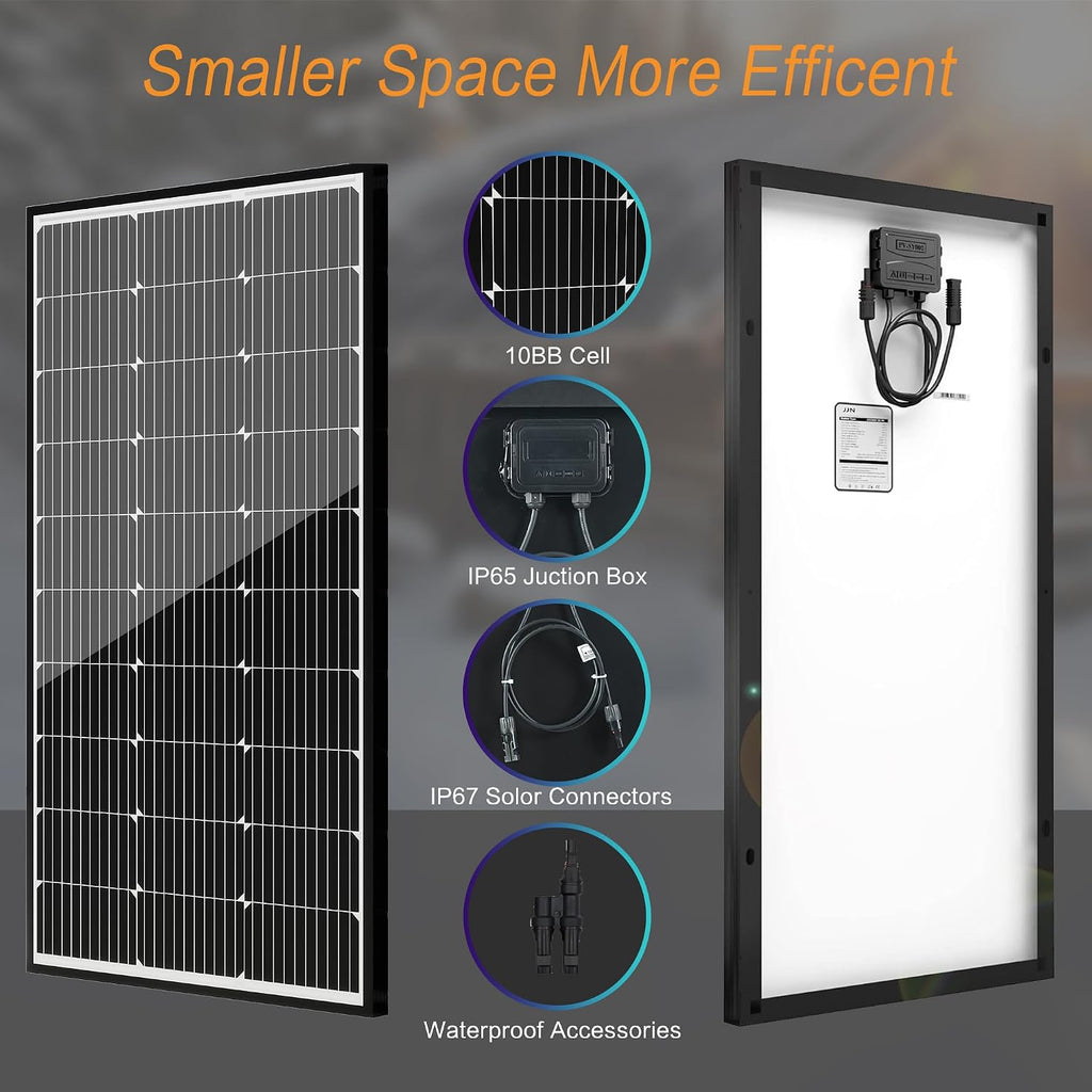 JJN Solar Panel Kit 300 Watt 12 Volt Monocrystalline Solar Panels with 40A PWM Charge Controller 2 Pair Solar Panel Cables 3 Set Z Brackets 4 Way Connector for RV Camper Marine Boat Off Grid System