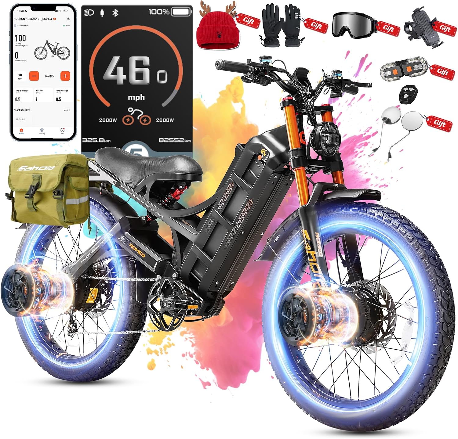 2026 eAhora Romeo Pro 2 46Mph/4000W Dual Motor Electric Bike for Adults, 52V 70Ah Removable Battery, 200+Miles Long Range, 26*4.0' All Terrain Fat Tire, Full Suspension, Hydraulic Brakes, APP Control