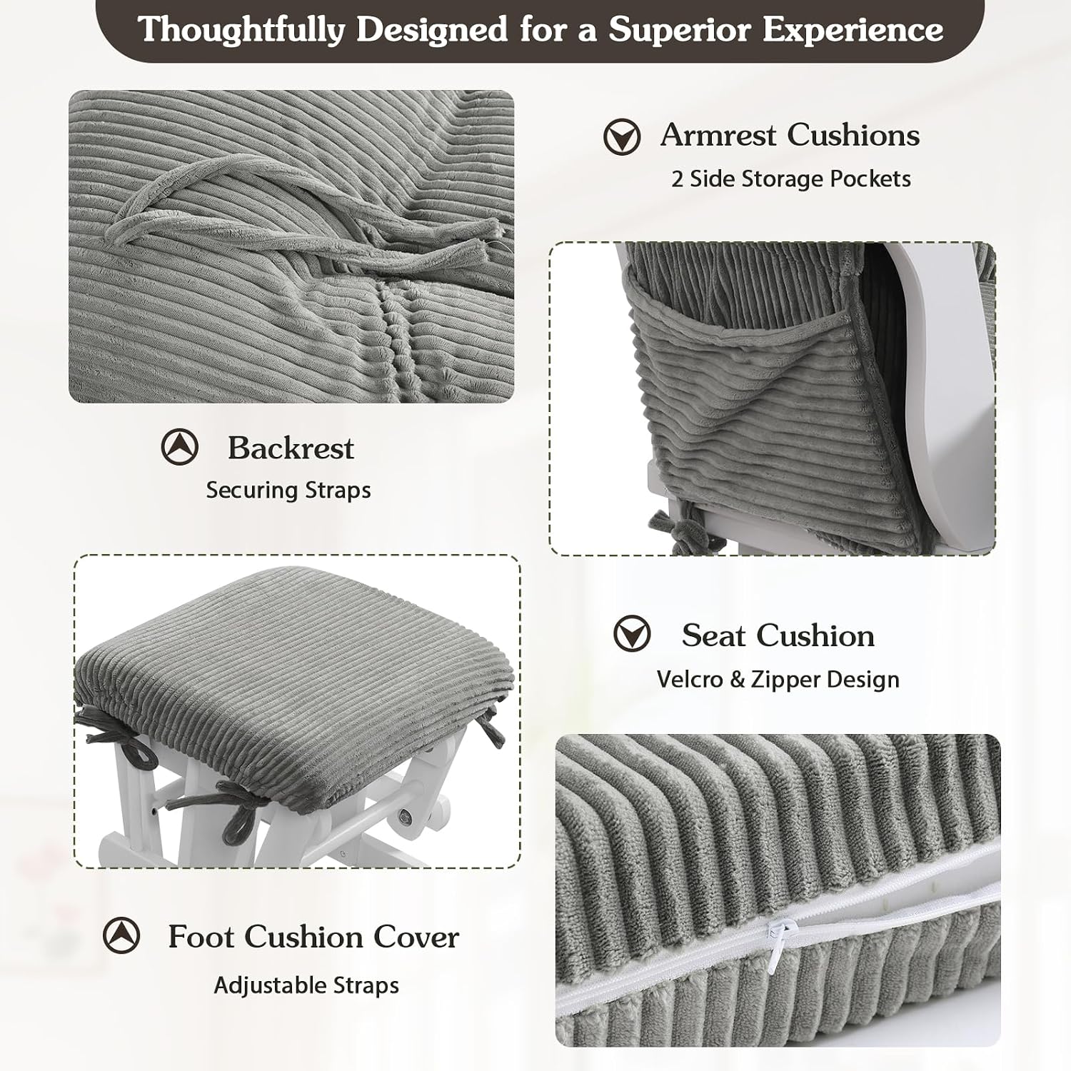 ANMINY 5pcs Glider Rocker Replacement Cushions Set - Thickened Fleece Glider Rocking Chair Cushions with 29.5 inch High Backrest & Side Pockets for Indoor Nursery, Washable & Non Slip, Gray