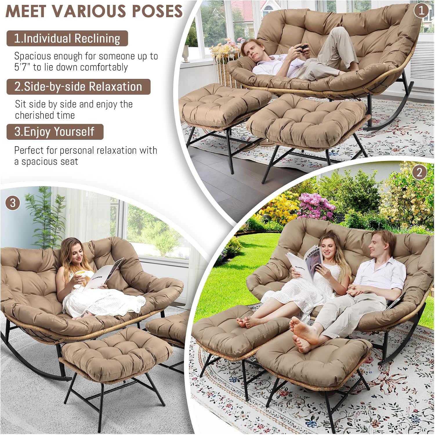 RADIATA Double Papasan Chair Outdoor with Cushion & Ottoman, 2 Person Oversized Rocking Lounge Chairs for Reading, PE Wicker, 700 lbs Heavy Duty, Comfy Loveseat Recliner for Patio Backyard Lawn Brown