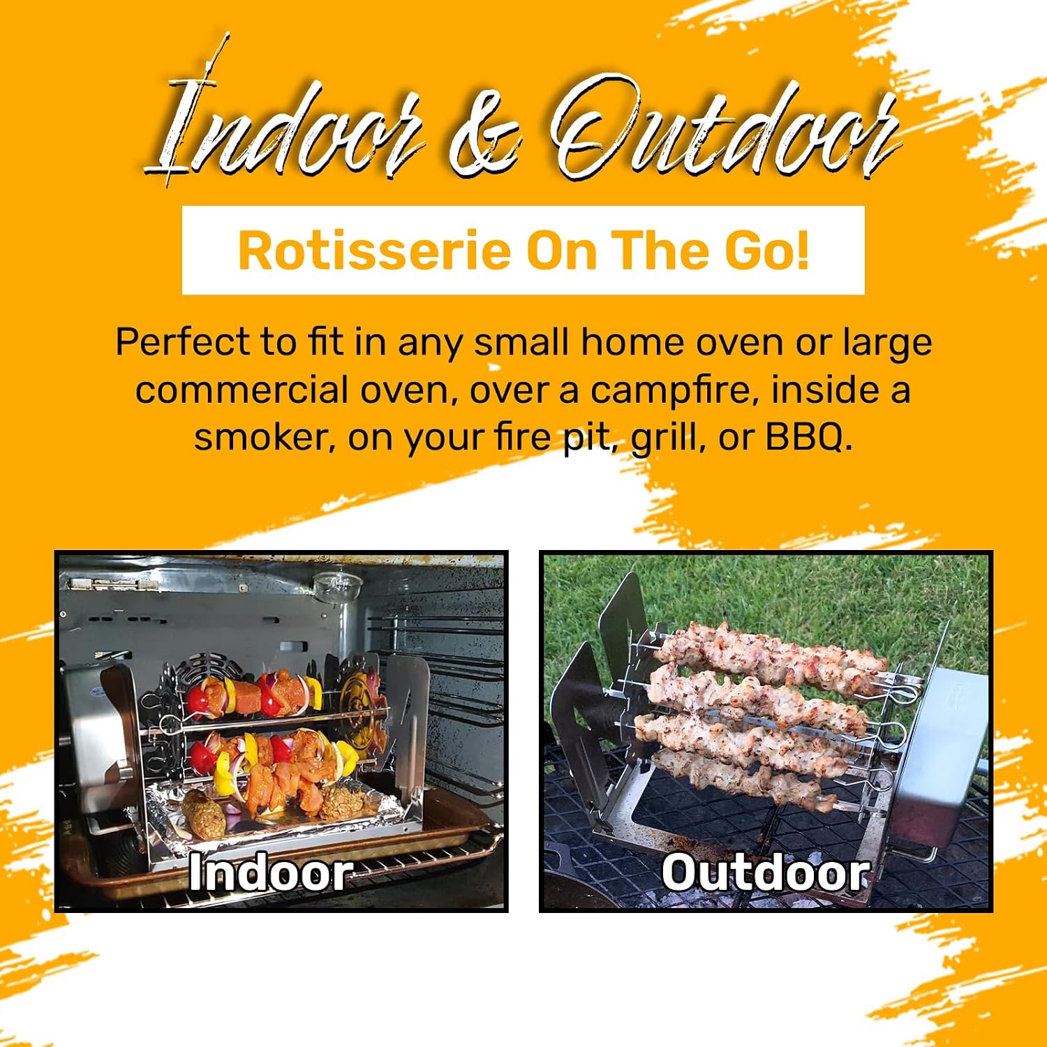 ROTO-Q 360 Non-Electric Rotisserie Kit with 10-Piece Skewer Set - Cordless Spit Roaster for Grills, Ovens, Smokers, BBQs - Indoor & Outdoor Cooking (Black)