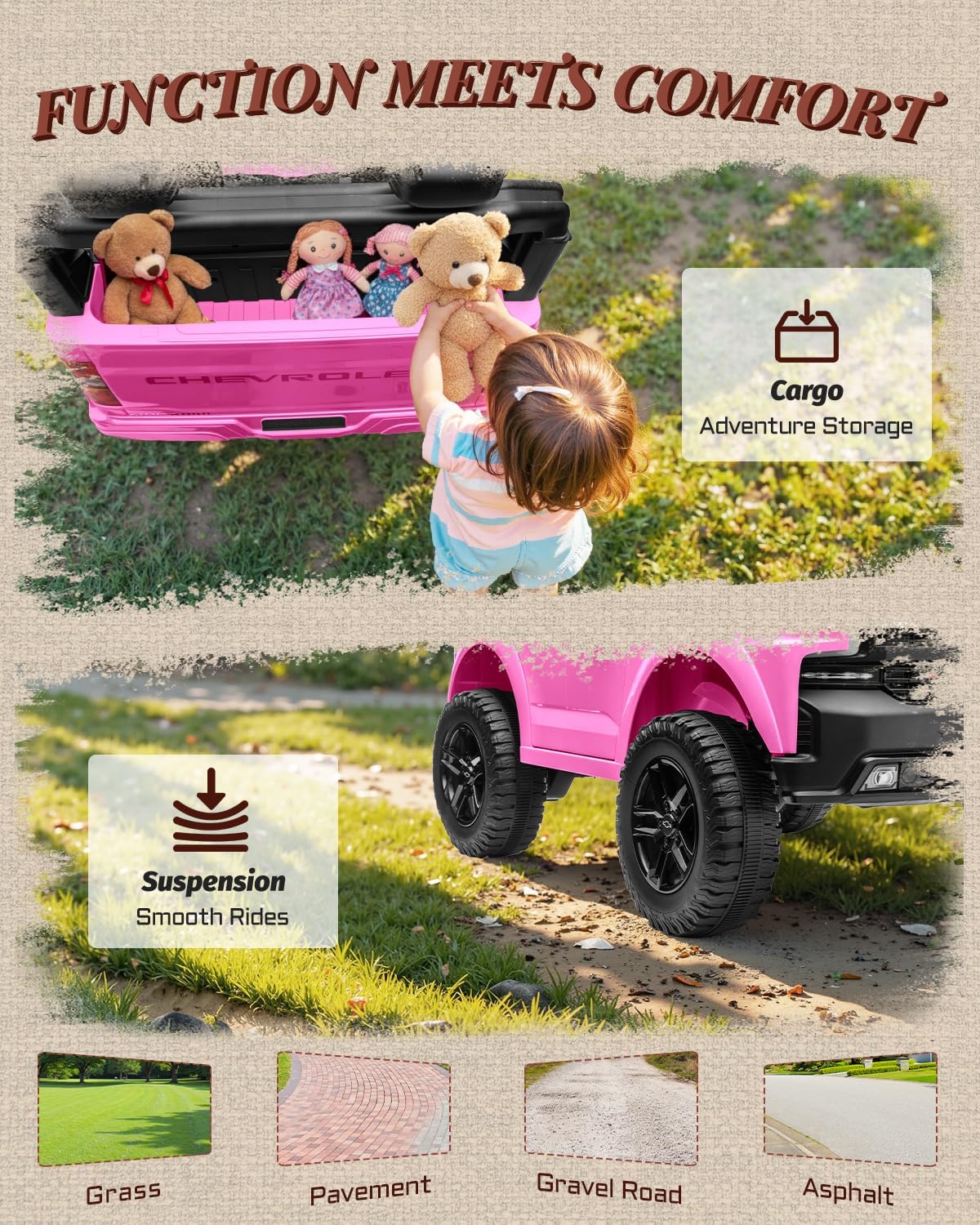 First Ride On 24V Ride on Toys for Big Kids, 2 Seater Licensed Chevrolet Silverado Ride on Car, Electric Car for Kids with Parent Remote Control, Bluetooth, LED Lights and Seat Belts (Pink)