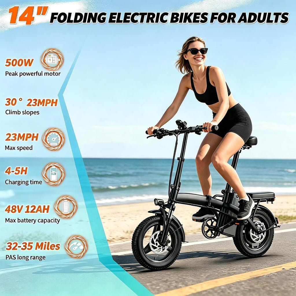 Folding Electric Bike for Adults, 500W Motor, 23MPH Max Speed 14' Ebike, 48V 12AH Removable Battery, 35 Miles PAS Range, Mini E Bikes UL2849 Certified, Commuting Electric Bicycle for Adults & Teens
