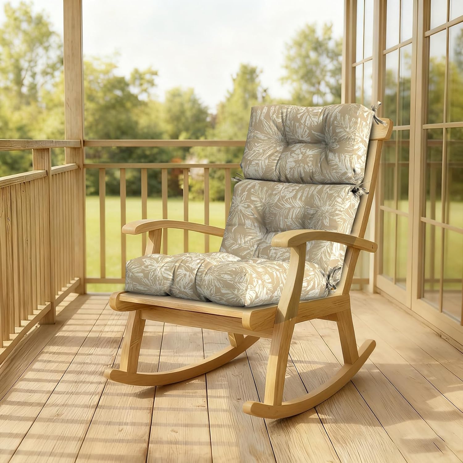 DYTXIII Outdoor High Back Chair Cushions Set of 2, Water Repellent Tufted Rocking Seat Cushions Replacement 44 x 22 Inch, Seat & Back Chair Pads for Patio, Balcony and Indoor Use -Tropical Leaf Oat