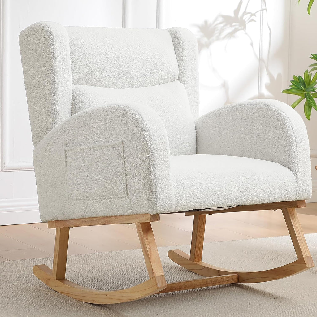 HCHAIRH Nursery Rocking Chair,Wingback Nursery Rocking Chairs,Nursing Glider Rocker Chair with High Back for Living Room Bedroom(Teddy White)