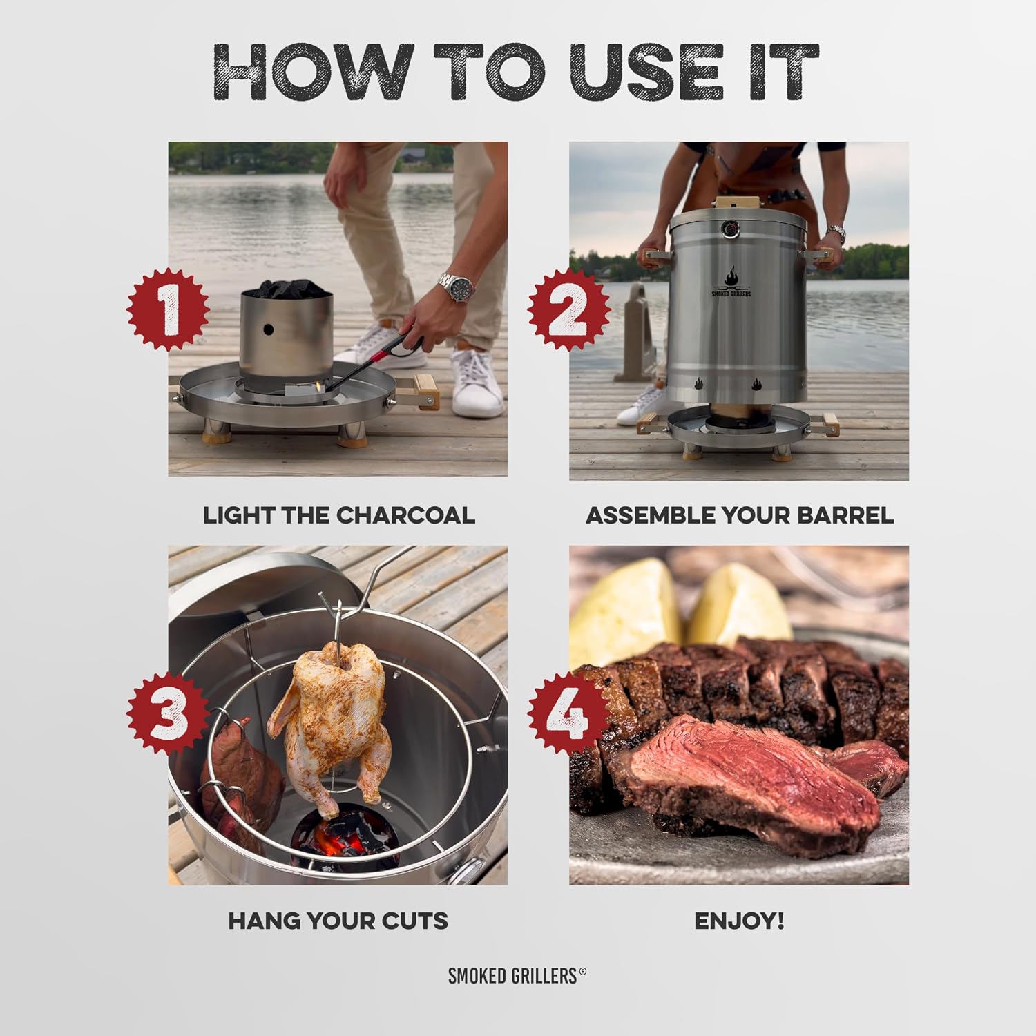 Barrel Smoker Grill Combo | 100% 304 Stainless Steel Barrel | 95% Less Smoke, Even Heat | Easy to Use & Clean – Vertical Smoker Ideal for Balconies and Backyards (LARGE-35 LBS)