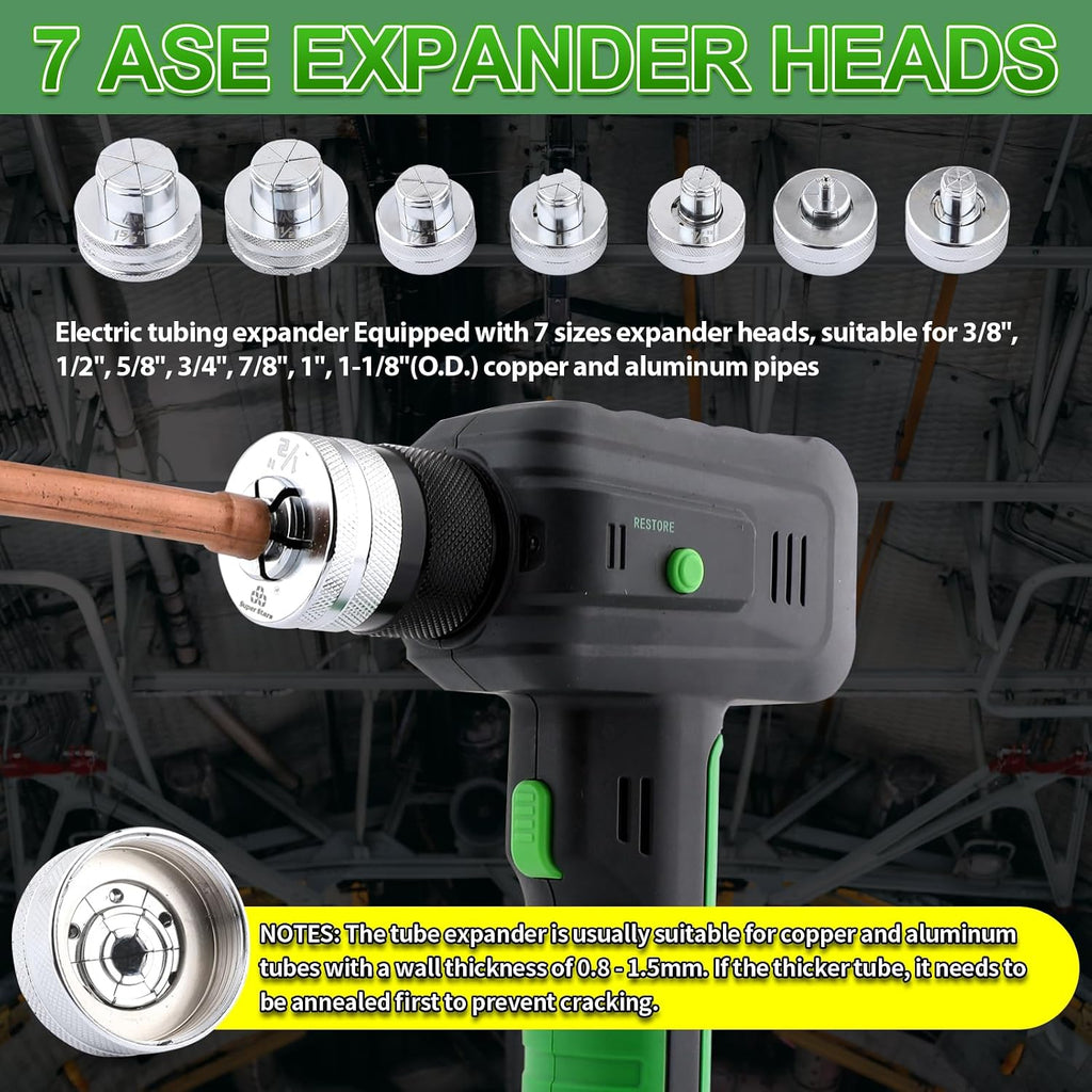 Electric Tubing Expander Swaging Tool Kit, with 2200mAh Powered, 7 Expander Heads for 3/8' to 1-1/8', Power HVAC Expander Tool with Tube Cutter, Deburring Tool for Copper Aluminum Pipes