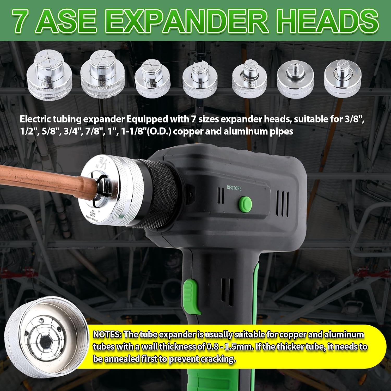 Electric Tubing Expander Swaging Tool Kit, with 2200mAh Powered, 7 Expander Heads for 3/8' to 1-1/8', Power HVAC Expander Tool with Tube Cutter, Deburring Tool for Copper Aluminum Pipes