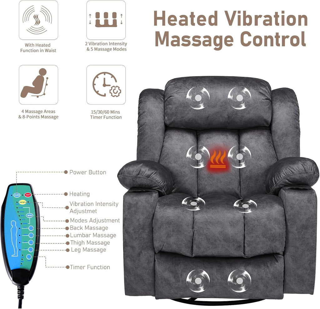 Swivel Rocker Recliner Chair with Heat and Massage, Manual Glider Rocking Reclining Chair, 360° Swivel Overstuffed Lounge Chair with 2 Cup Holders, Side Pockets & USB Ports, Fabric Grey