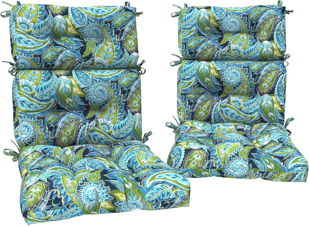 DYTXIII Outdoor High Back Chair Cushions Set of 2, Water Repellent Tufted Rocking Seat Cushions Replacement 44 x 22 Inch, Seat & Back Chair Pads for Patio and Indoor Use -Paisley Blue Green