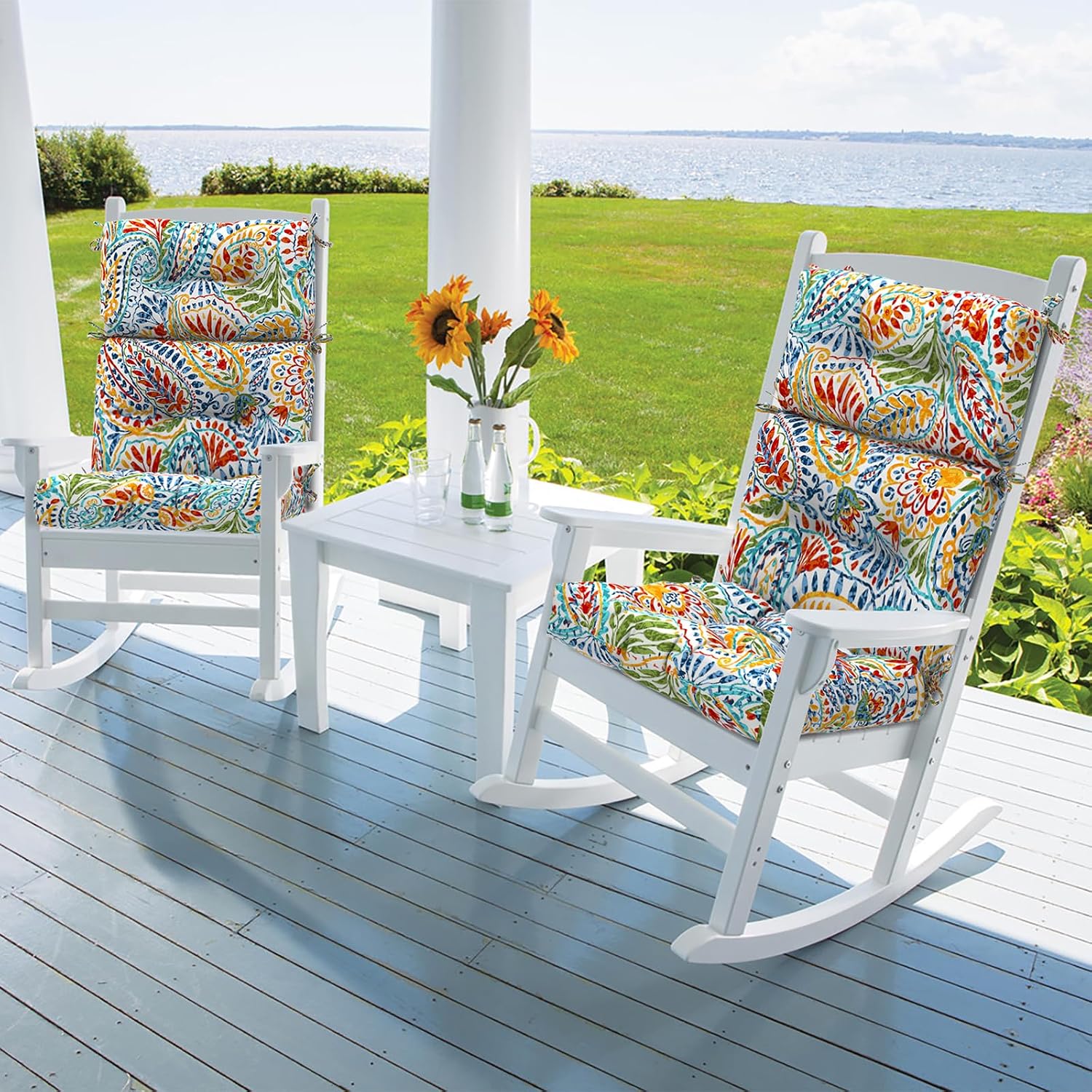 DYTXIII Outdoor High Back Chair Cushions Set of 2, Water Repellent Tufted Rocking Seat Cushions Replacement 44 x 22 Inch, Seat & Back Chair Pads for Patio, Balcony and Indoor Use -Paisley Multi