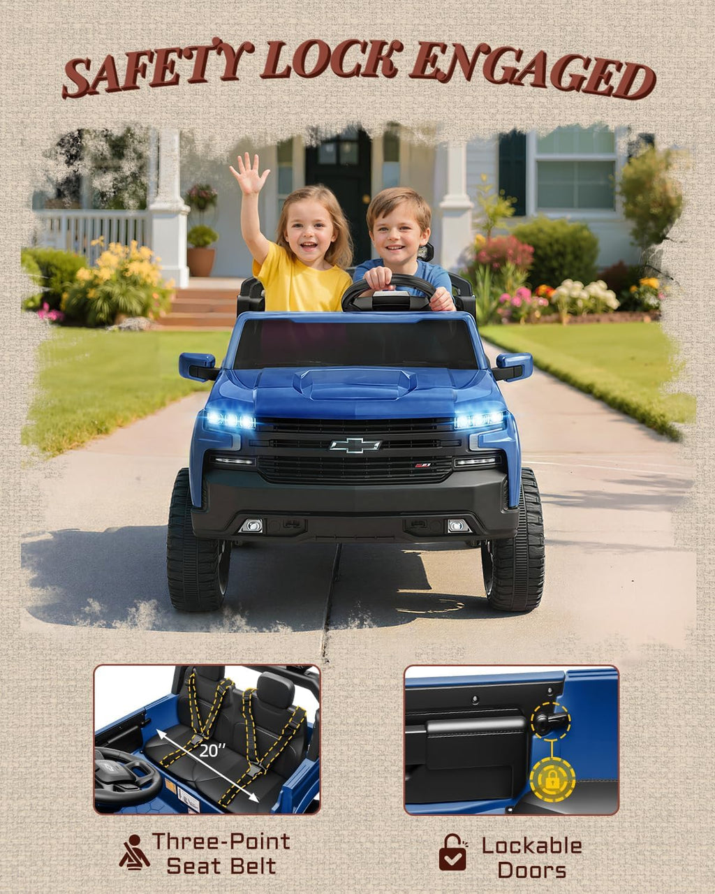 First Ride On 24V 2 Seater Ride on Toys Licensed Chevrolet Silverado, Electric Vehicle with Remote Control and Seat Belts, Electric Ride On Truck wtih Trunk, Bluetooth and LED Lights (Blue)