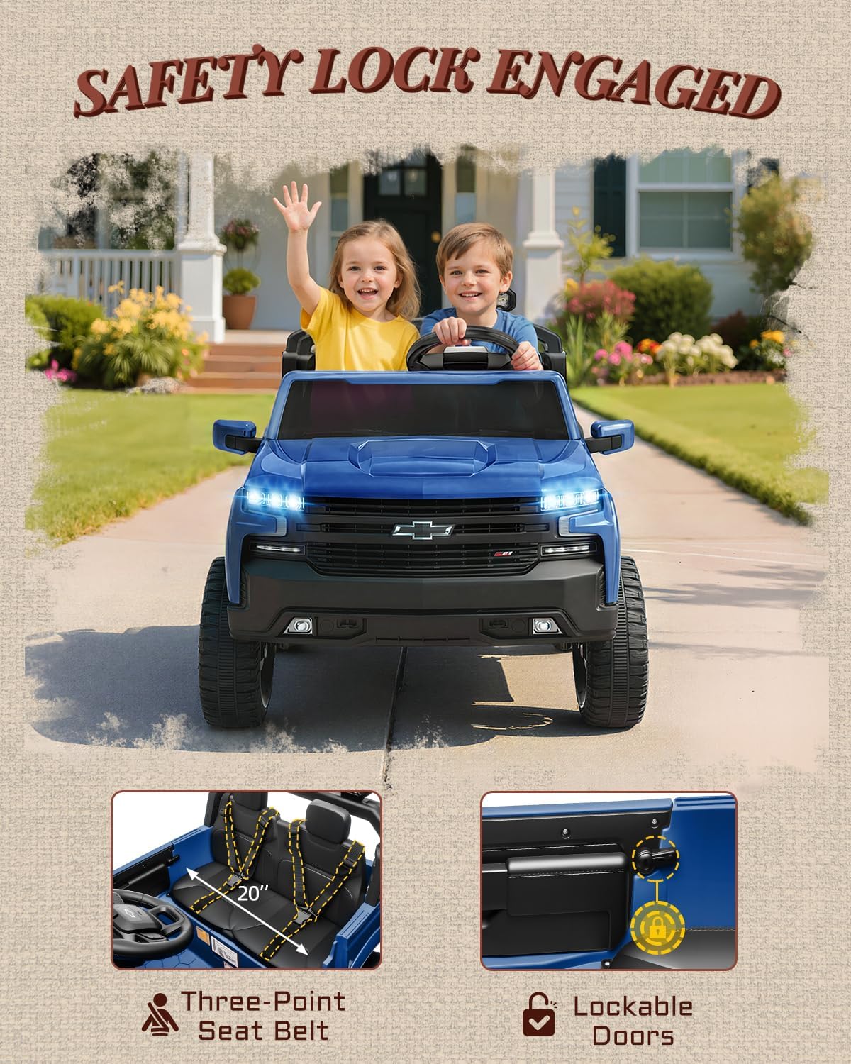 First Ride On 24V 2 Seater Ride on Toys Licensed Chevrolet Silverado, Electric Vehicle with Remote Control and Seat Belts, Electric Ride On Truck wtih Trunk, Bluetooth and LED Lights (Blue)