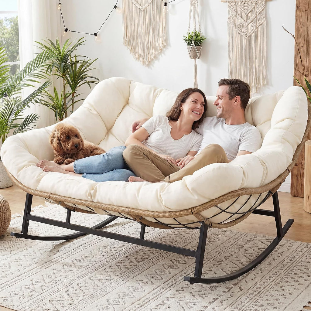 NICESOUL Oversized Double Rocking Papasan Chair with Thick Cushion, 2 Person Big Wicker Outdoor Comfy Recliner, Extra Large Heavy Duty Egg Loveseat for Patio, Balcony, Backyard, Garden, Beige