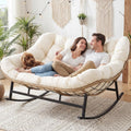 NICESOUL Oversized Double Rocking Papasan Chair with Thick Cushion, 2 Person Big Wicker Outdoor Comfy Recliner, Extra Large Heavy Duty Egg Loveseat for Patio, Balcony, Backyard, Garden, Beige