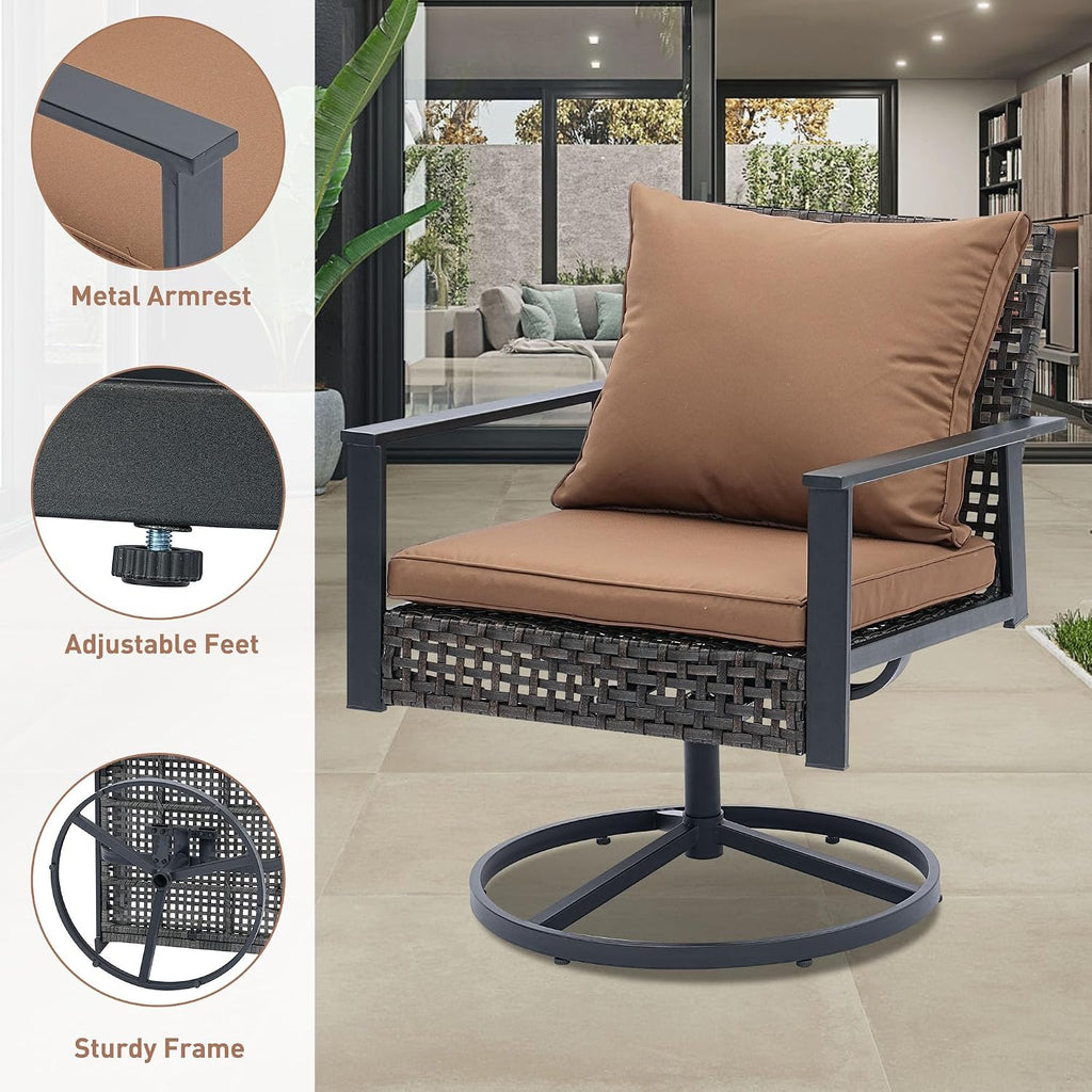 GDY Outdoor Patio Swivel Rocking Chairs Set, Patio Porch Furniture with Thick Cushions, 3 Pieces Outdoor Bistro Set with Rattan Side Table, Loading capacity 440LBS, for Garden, Porch, Poolside, Brown.