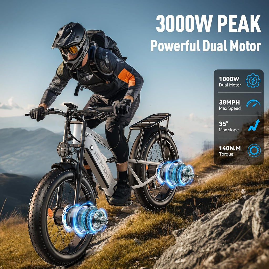 Dual Motor Electric Bike Peak 3000W, 52V 20AH Battery E Bike for Adults 26 Inch Fat Tire Mountain Electric Bicycle 38 MPH, Full Suspension Dual Hydraulic Disc Brake