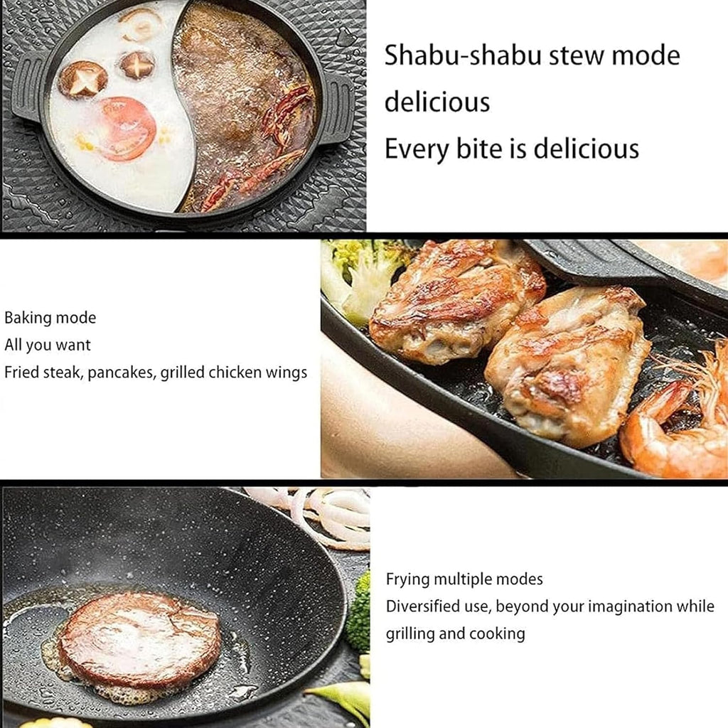 Large Household Electric Hot Pot with Grill, Soup Pot and Korean BBQ, Non-stick Coating, Easy to Clean, For 7-10 People to Enjoy, 2200 W
