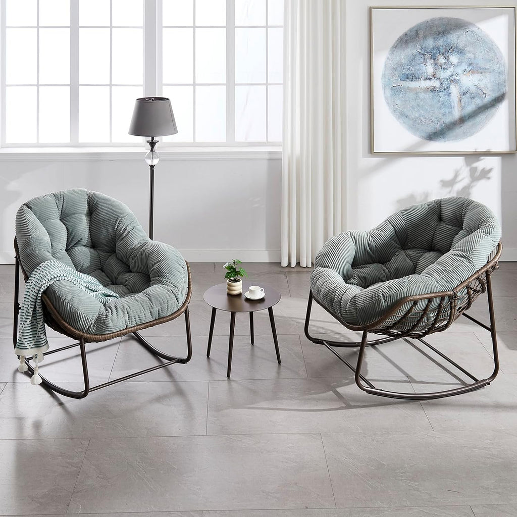 Rattan Rocking Chair for Indoor Outdoor Patio Oversized Wicker Egg Chair with Steel Frame Corduroy Padded Cushion Rocker Recliner Chair Comfy Lounger Papasan Chair for Living Room Garden, Light Green
