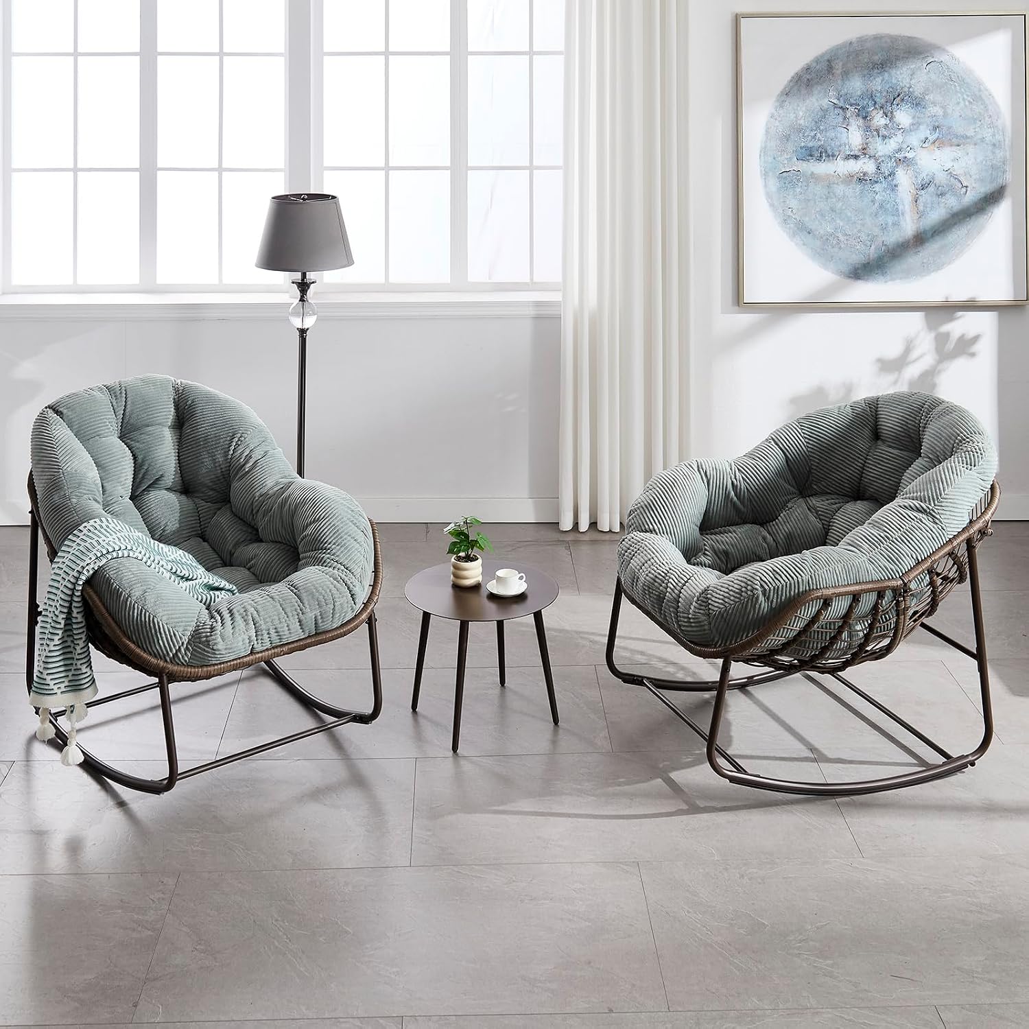 Rattan Rocking Chair for Indoor Outdoor Patio Oversized Wicker Egg Chair with Steel Frame Corduroy Padded Cushion Rocker Recliner Chair Comfy Lounger Papasan Chair for Living Room Garden, Light Green
