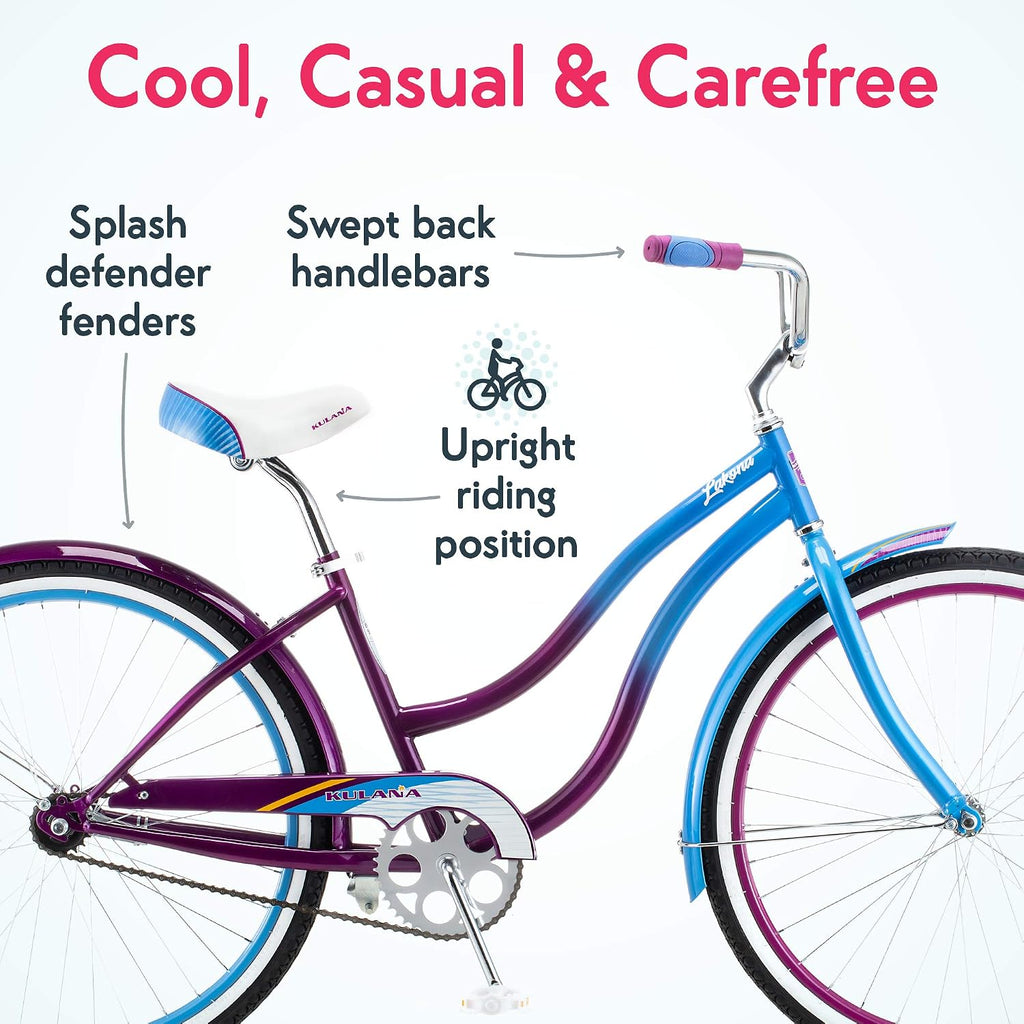 Kulana Lakona Shore, Tide or Wave Cruiser Bike, 20, 24 or 26 Inch Bike for Adults and Youth, 7 or Single Speed Beach Cruiser Bicycle, Rear Coaster Brake, Extra Wide, Cushioned Seat, Fenders