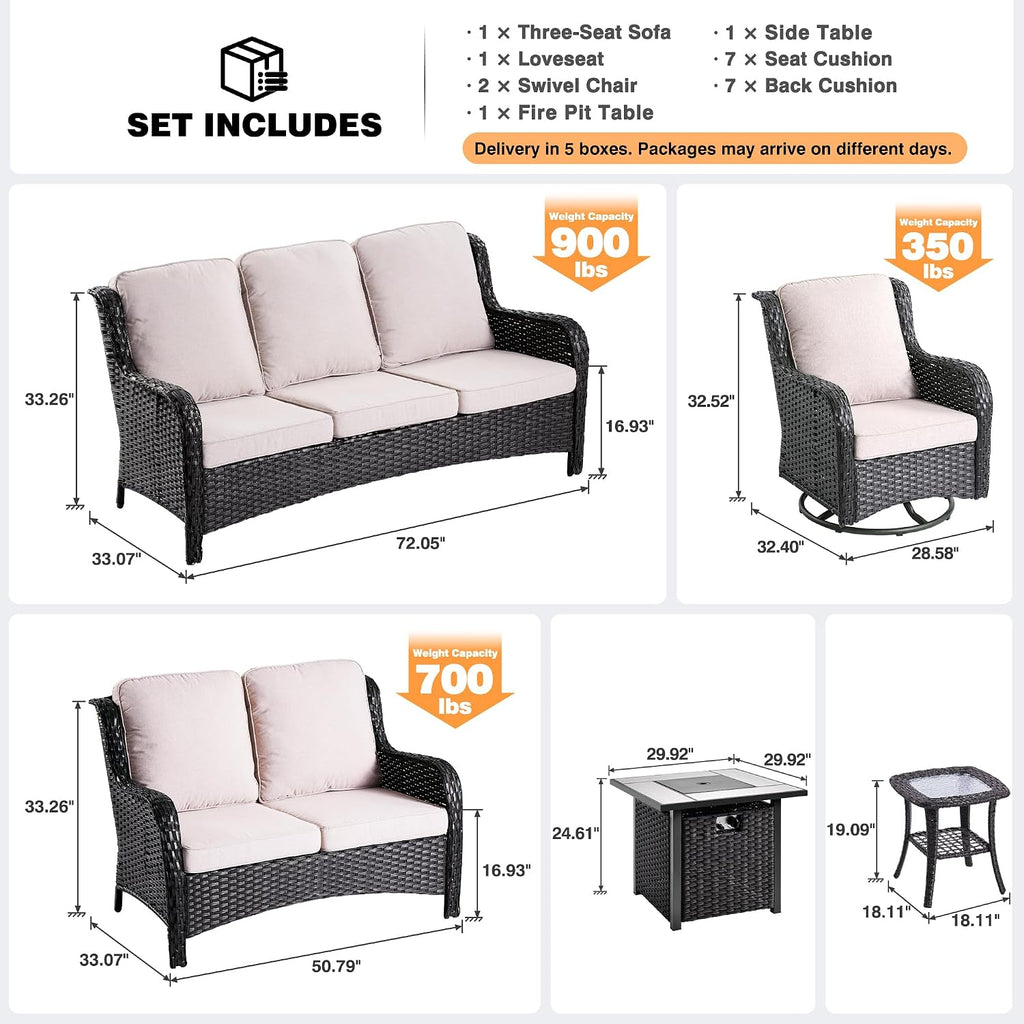 ovios 6 Pieces Patio Furniture Set with 30 inch Fire Pit Table, Outdoor Wicker Sofa Couch Loveseat, Swivel Rocking Glider Chairs, Modern Conversation Set, Brown Rattan, Beige