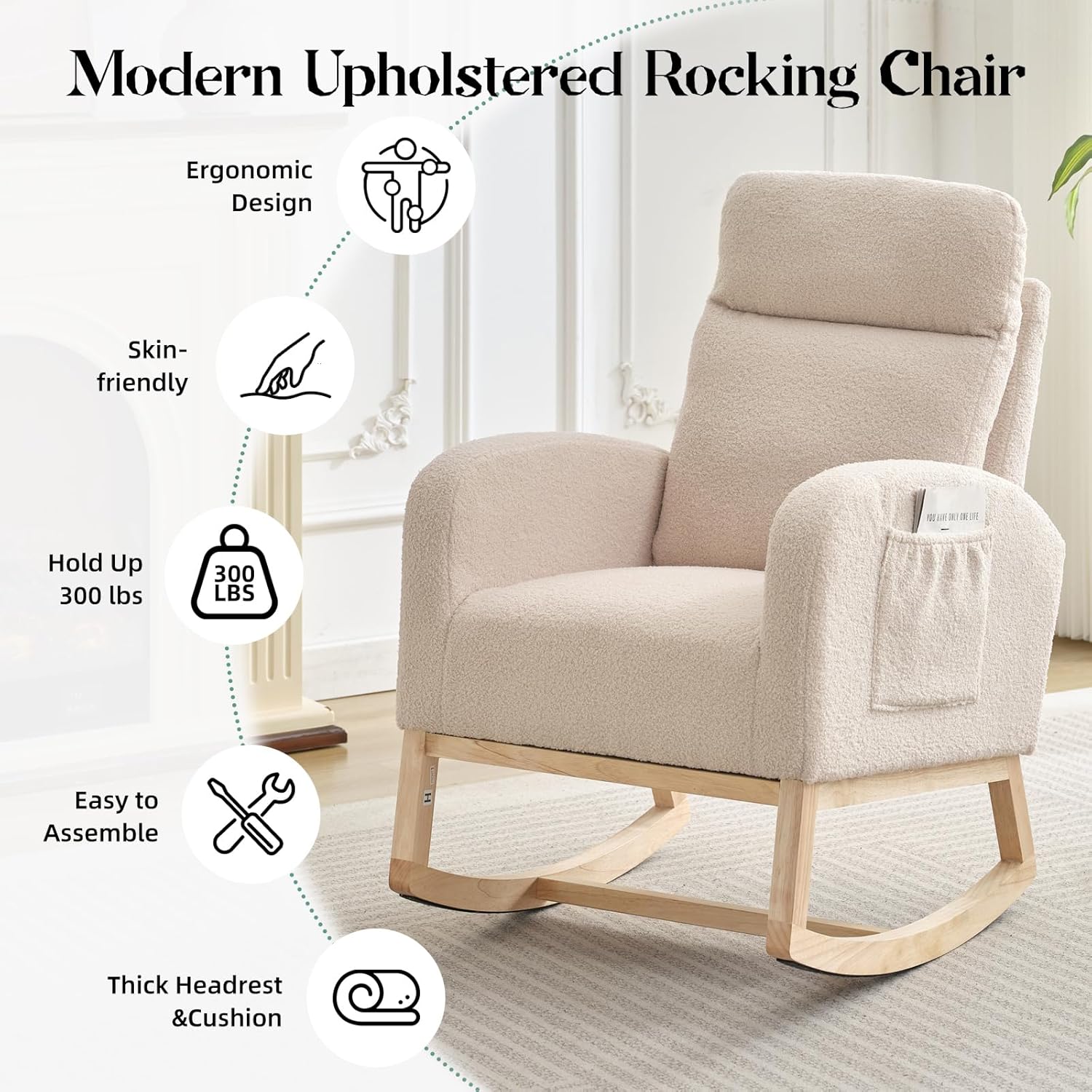 Nursery Rocking Chair, Comfy Modern Glider Rocking Chair with High Backrest and Armrest, Teddy Upholstered Rocking Accent Chair with Side Pockets for Living Room, Bedroom, Office,Beige