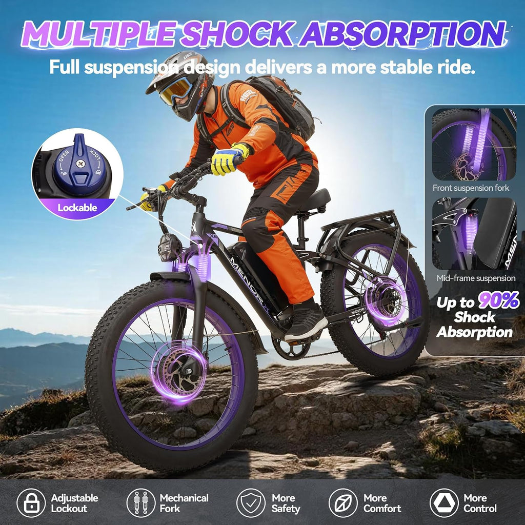 MENORX Dual Motor Electric Bike,26'x4'Fat Tire Electric Bike,Up to 5000W/7000W Peak, 60V/25Ah & 52V/23Ah Lithium Battery,Up to 45/50MPH &105 Miles Range E Bike