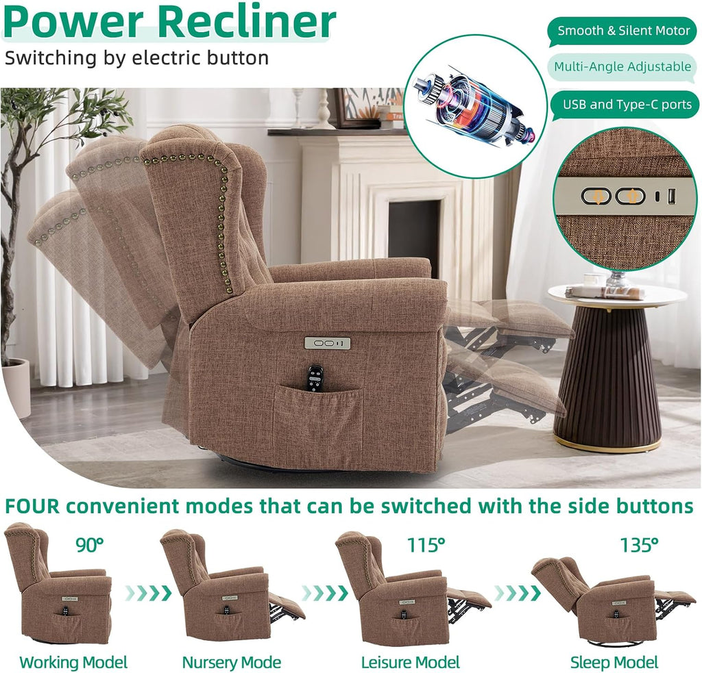 VIVIJASON Power Swivel Rocking Recliner Chair with Massage & Heat, Electric Rocker Nursery Glider Chair, Wingback Tufted Upholstered Recliner W/Type-C & USB Ports for Living Room, Bedroom, Brown