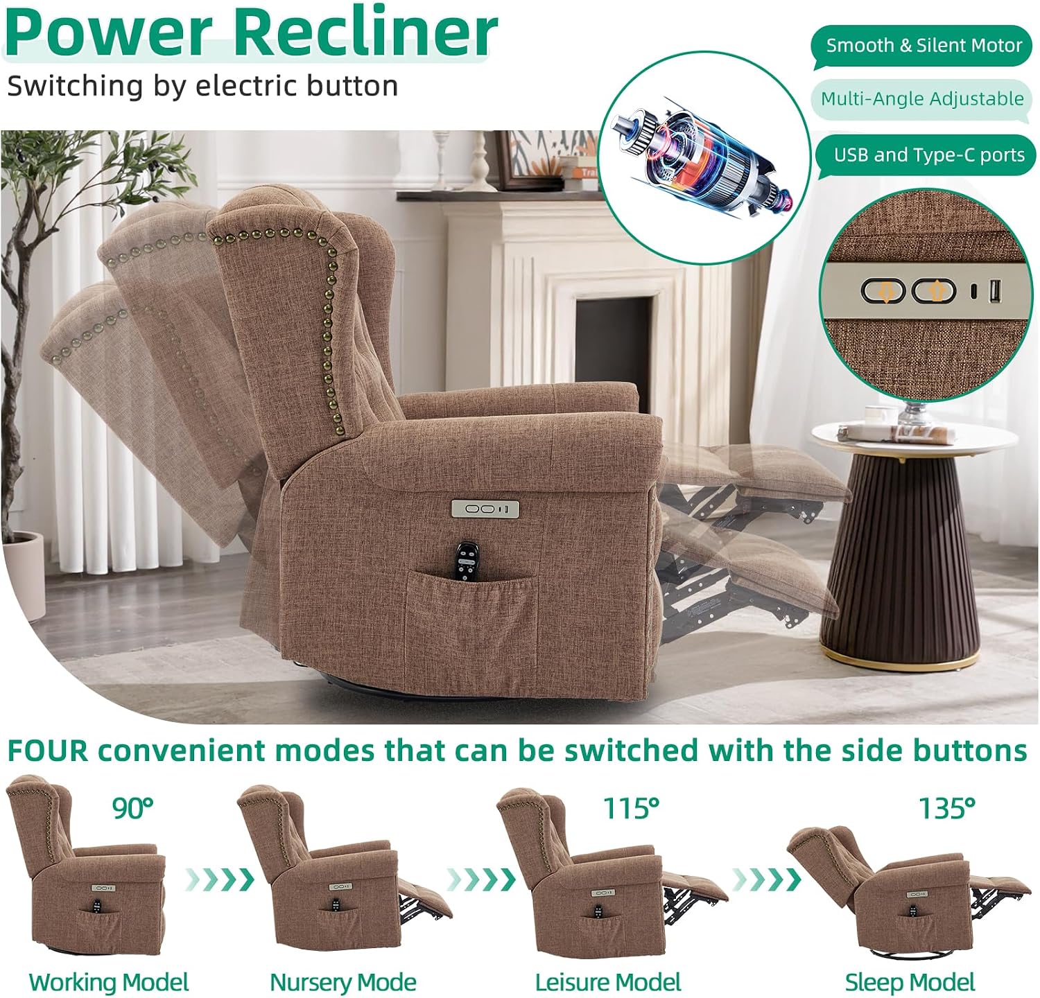 VIVIJASON Power Swivel Rocking Recliner Chair with Massage & Heat, Electric Rocker Nursery Glider Chair, Wingback Tufted Upholstered Recliner W/Type-C & USB Ports for Living Room, Bedroom, Brown