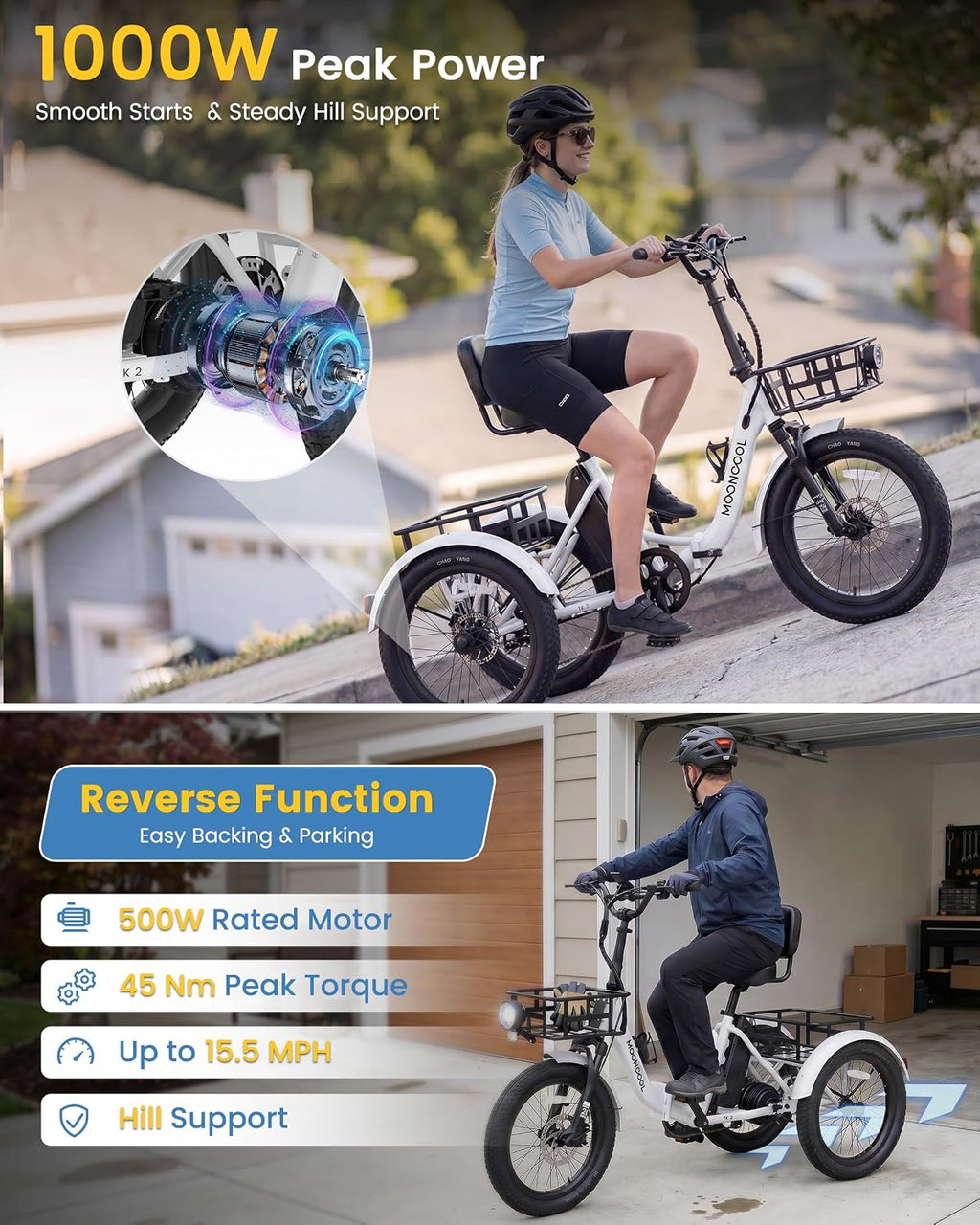 MOONCOOL Electric Trike for Adults, 500W/750W 48V Electric Tricycle for Adults, 20'x3.0' Fat Tire 3 Wheel Electric Bike, Folding Aluminum Adult Tricycle with Removable Battery